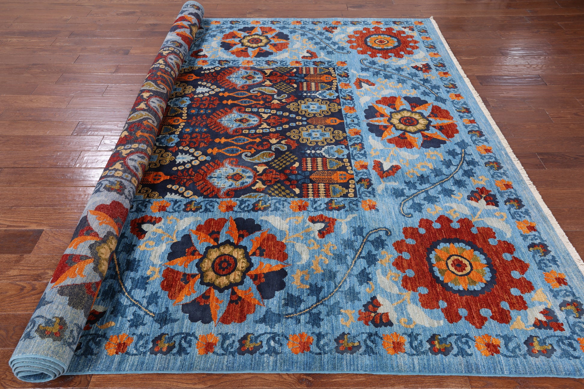Blue William Morris Hand Knotted Wool Area Rug - 9' 0" X 11' 11" - Golden Nile
