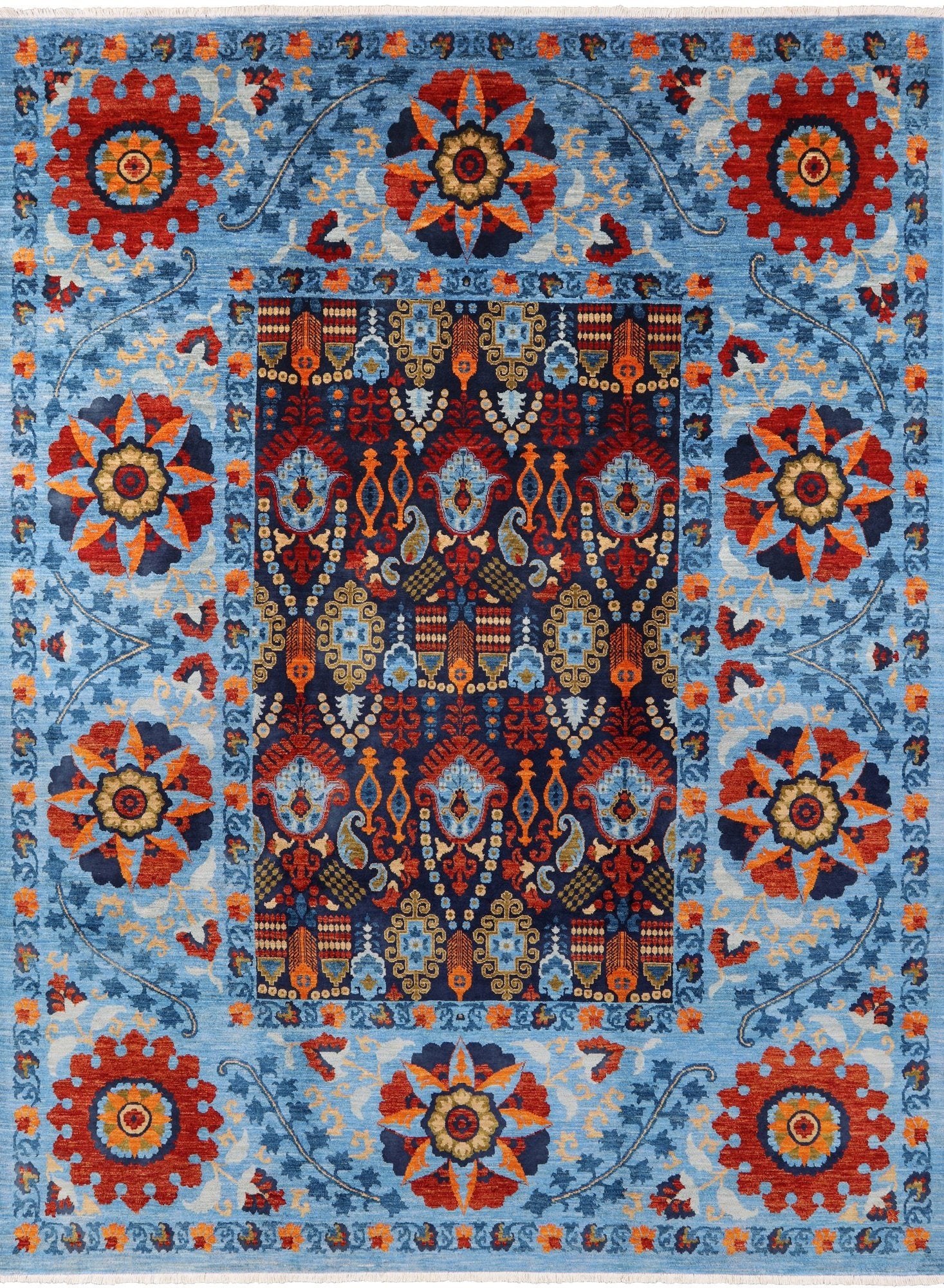 Blue William Morris Hand Knotted Wool Area Rug - 9' 0" X 11' 11" - Golden Nile