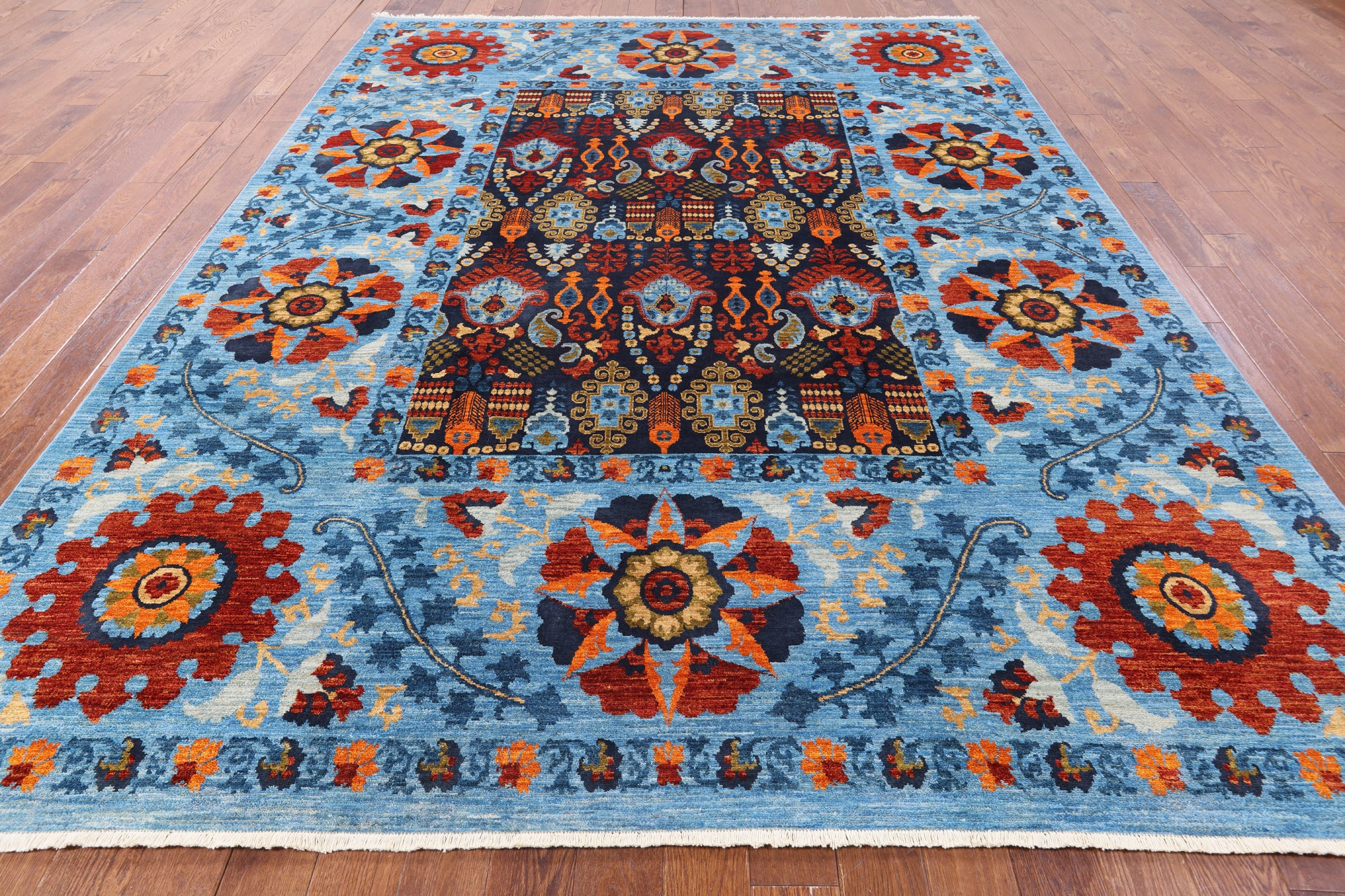Blue William Morris Hand Knotted Wool Area Rug - 9' 0" X 11' 11" - Golden Nile