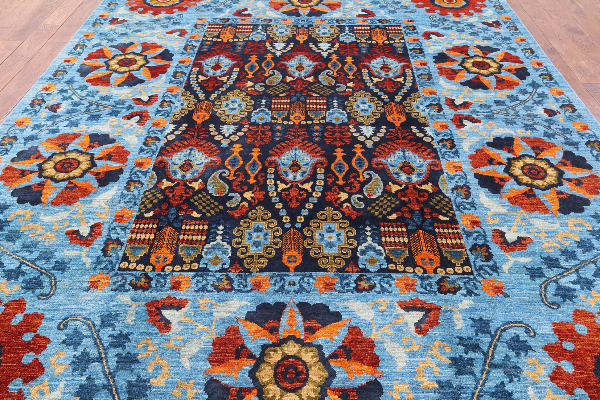 Blue William Morris Hand Knotted Wool Area Rug - 9' 0" X 11' 11" - Golden Nile