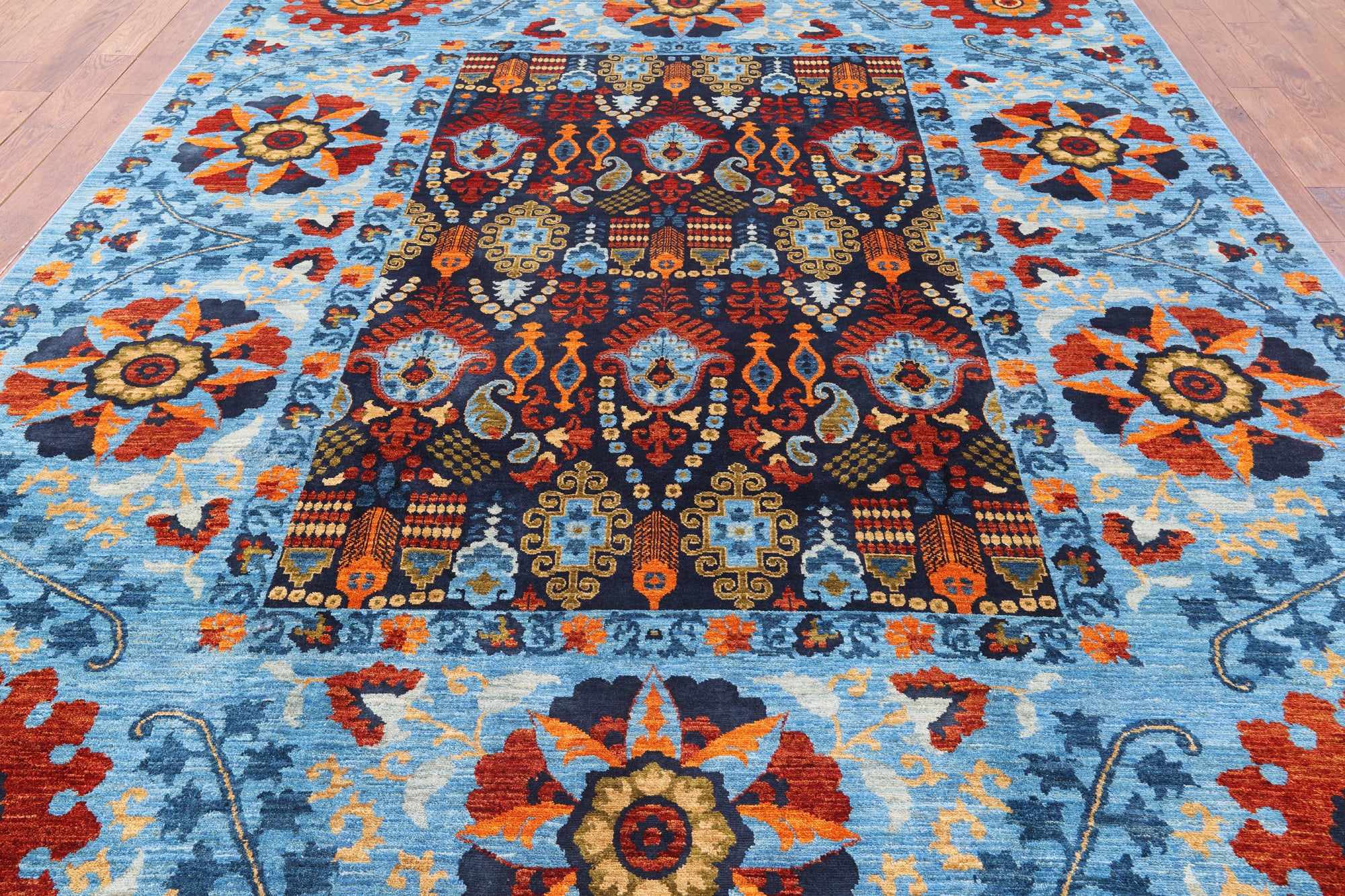 Blue William Morris Hand Knotted Wool Area Rug - 9' 0" X 11' 11" - Golden Nile