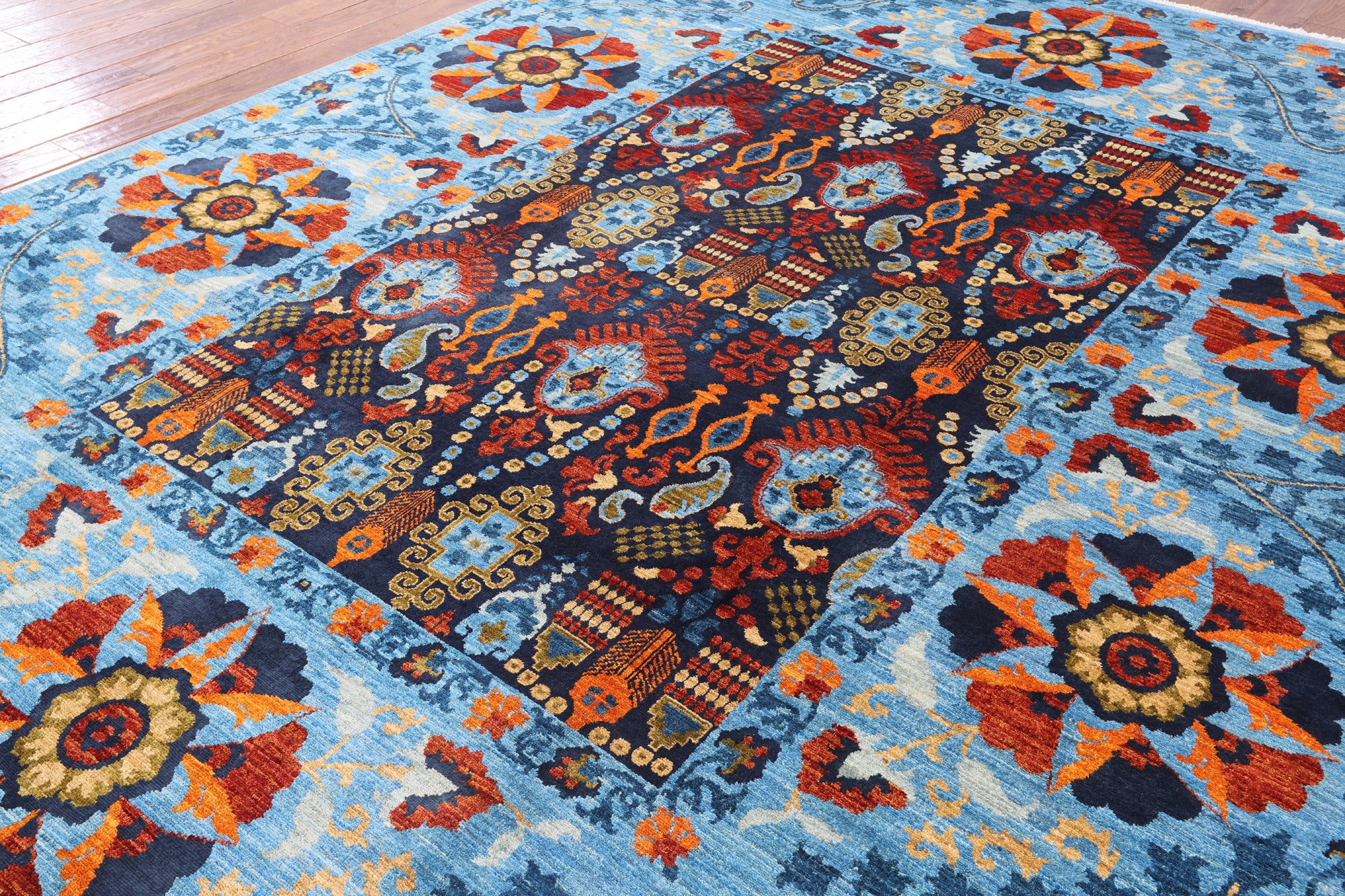 Blue William Morris Hand Knotted Wool Area Rug - 9' 0" X 11' 11" - Golden Nile