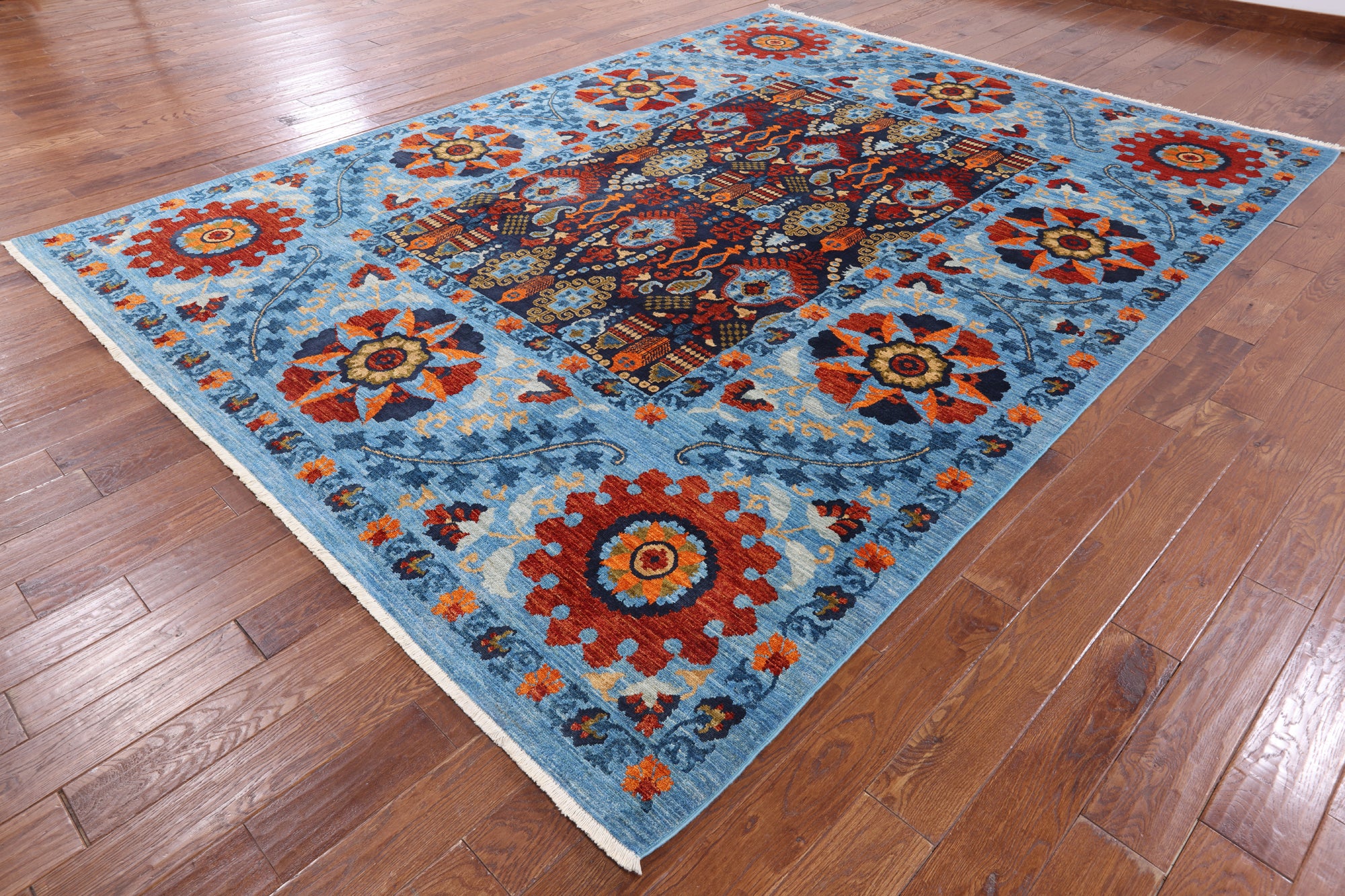 Blue William Morris Hand Knotted Wool Area Rug - 9' 0" X 11' 11" - Golden Nile