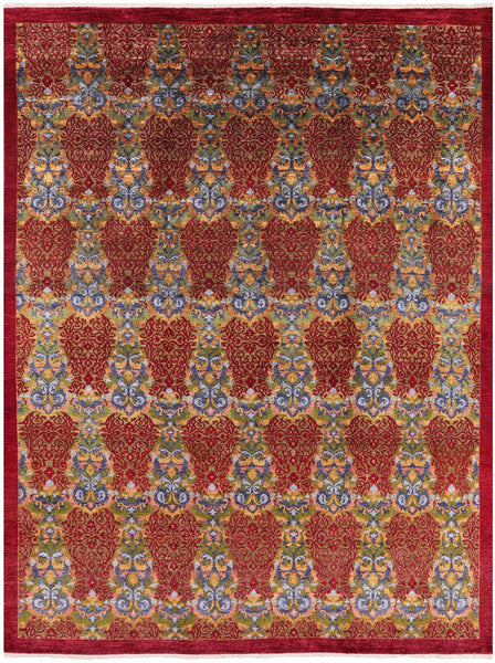Red William Morris Hand Knotted Wool Rug - 8' 10" X 11' 6" - Golden Nile