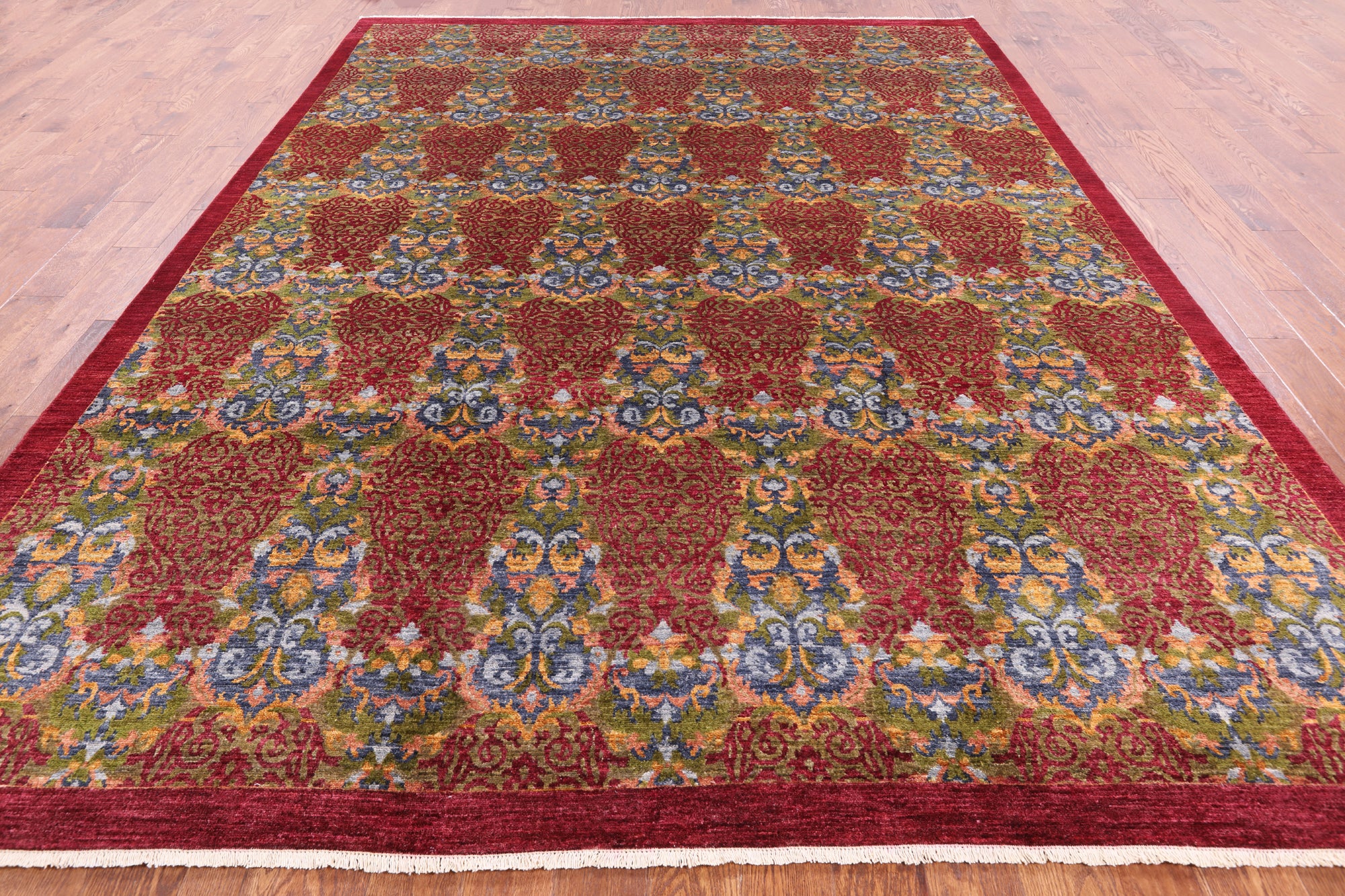 Red William Morris Hand Knotted Wool Rug - 8' 10" X 11' 6" - Golden Nile