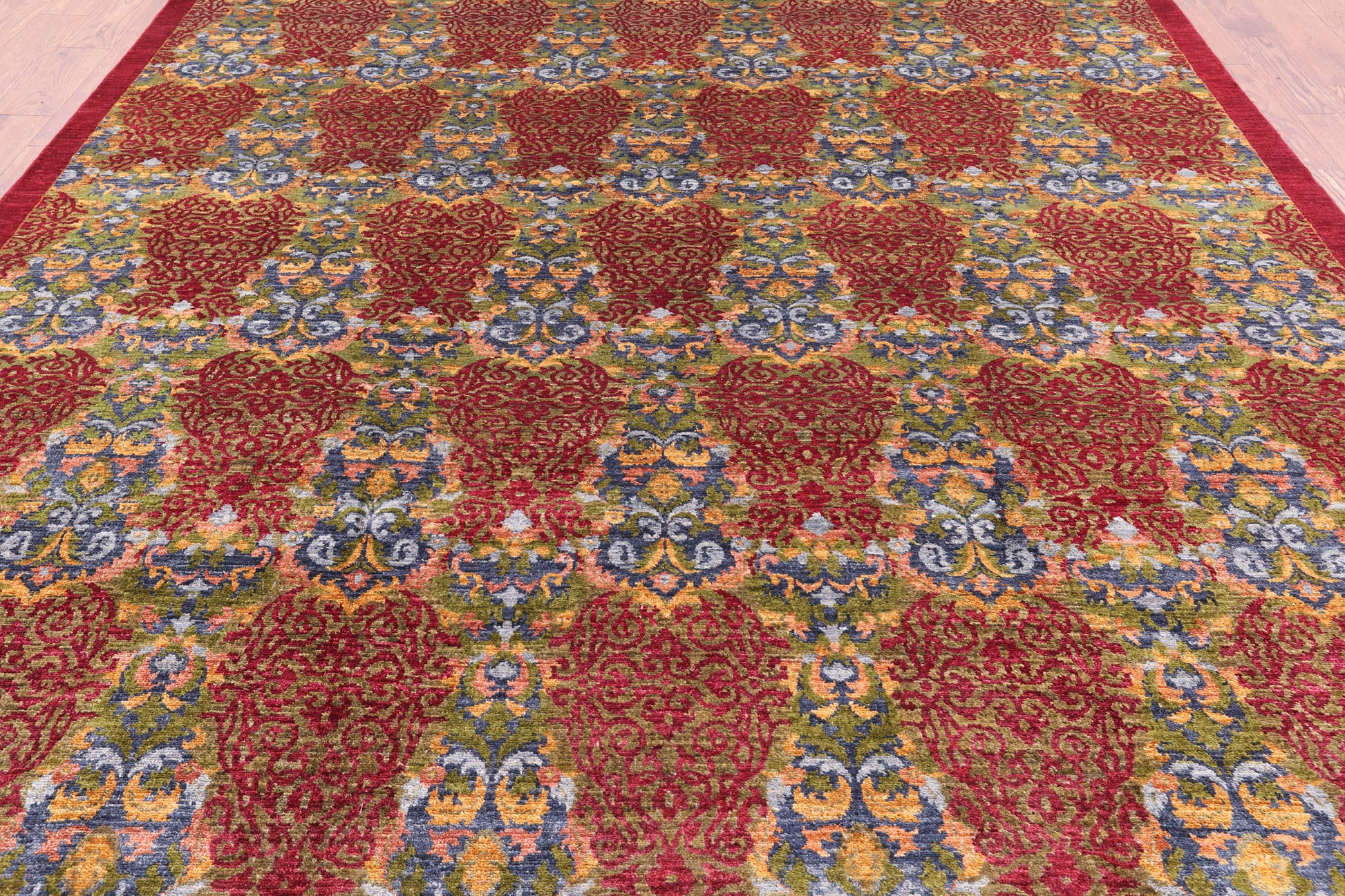 Red William Morris Hand Knotted Wool Rug - 8' 10" X 11' 6" - Golden Nile