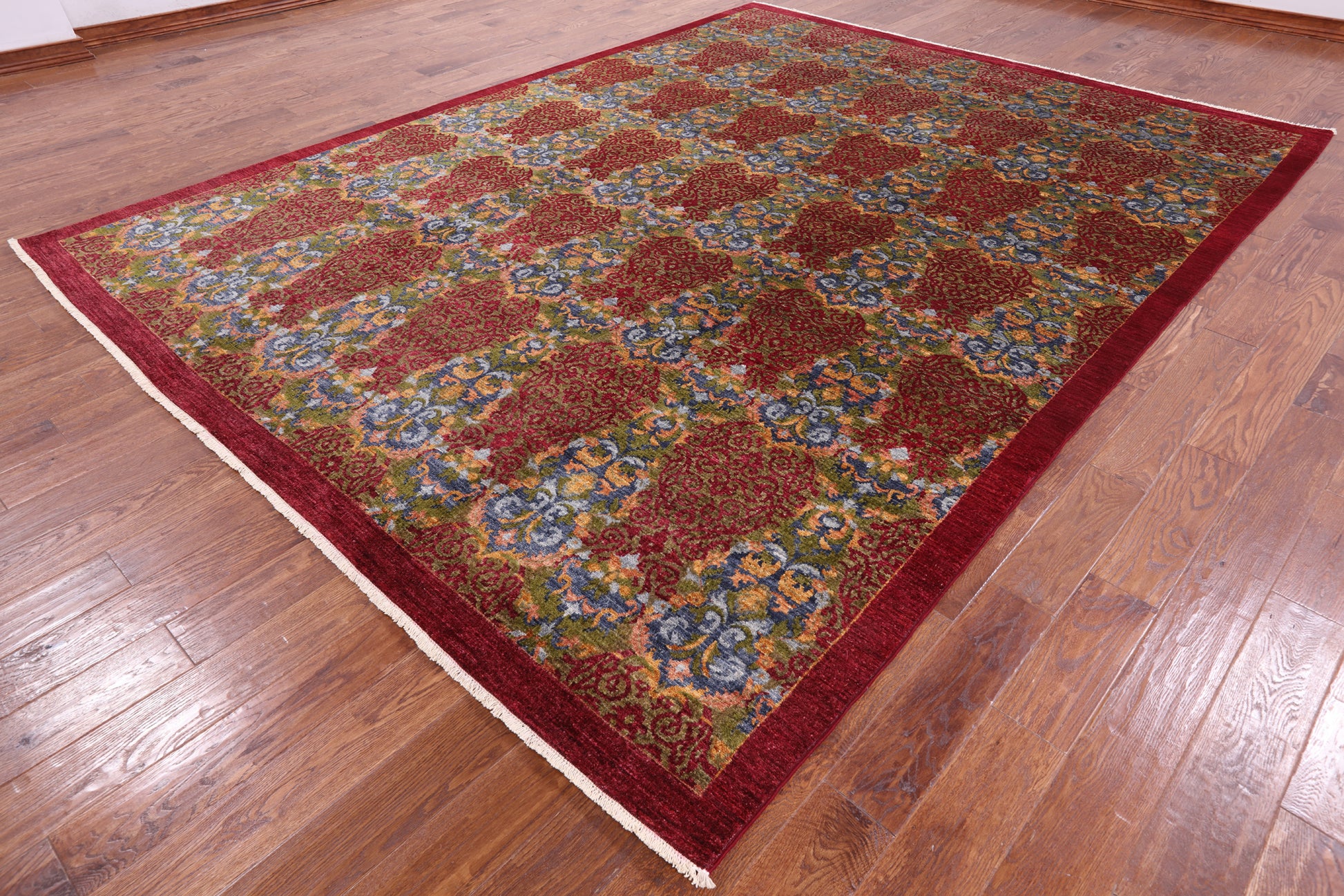 Red William Morris Hand Knotted Wool Rug - 8' 10" X 11' 6" - Golden Nile