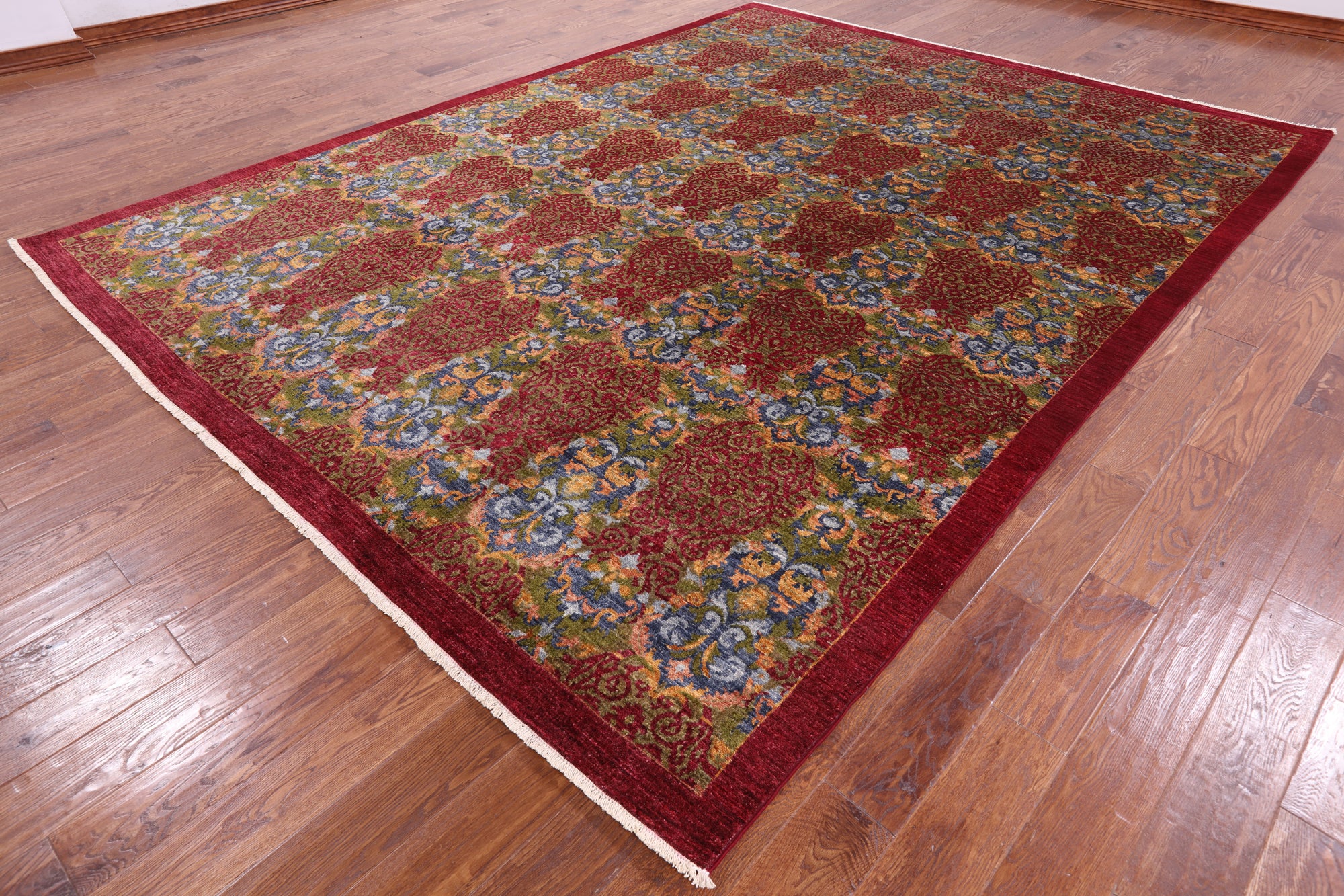 Red William Morris Hand Knotted Wool Rug - 8' 10" X 11' 6" - Golden Nile