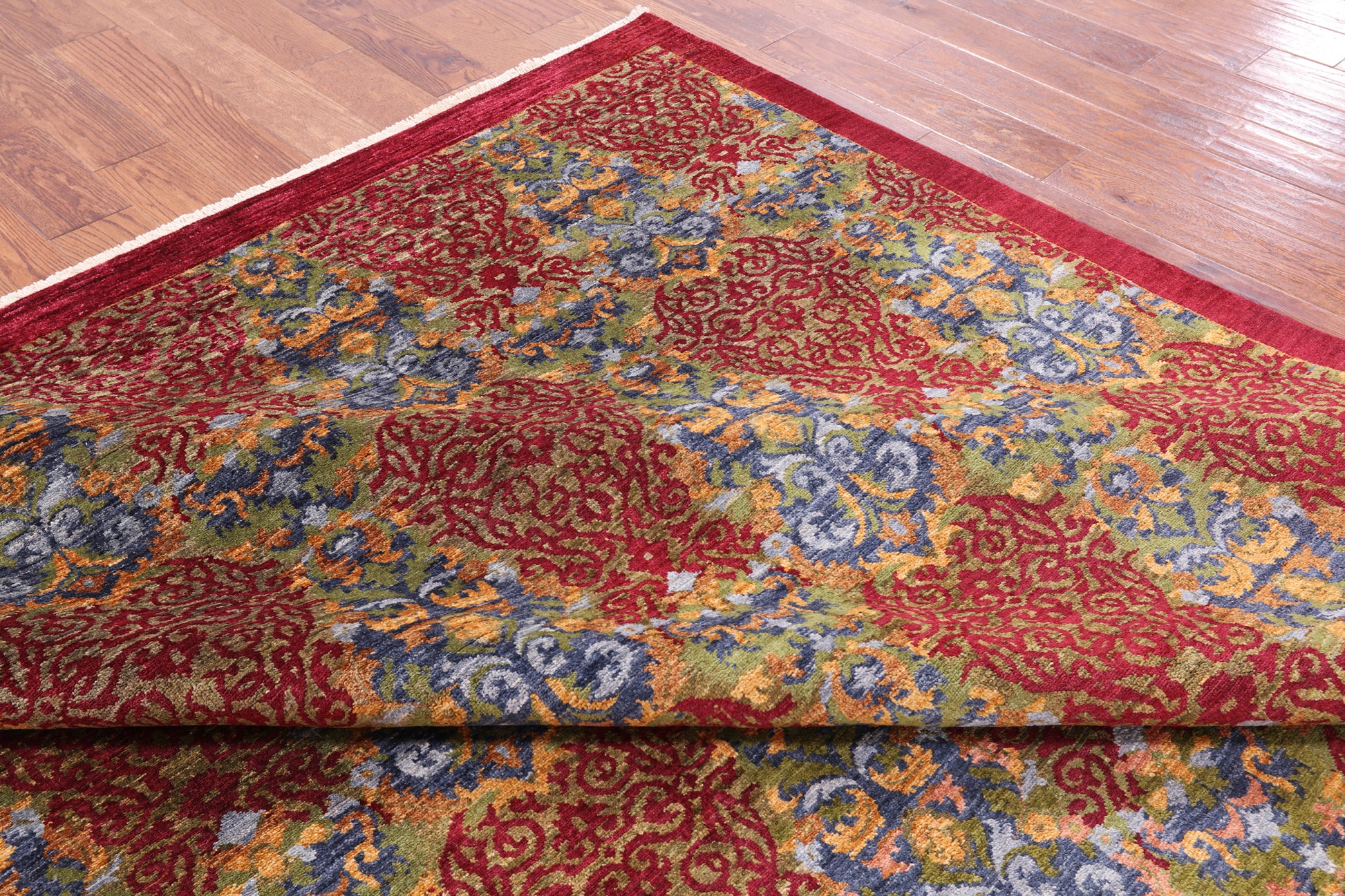 Red William Morris Hand Knotted Wool Rug - 8' 10" X 11' 6" - Golden Nile