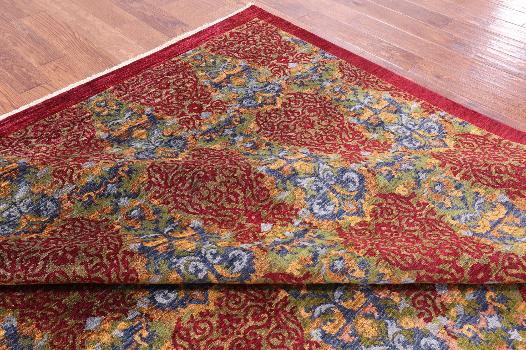Red William Morris Hand Knotted Wool Rug - 8' 10" X 11' 6" - Golden Nile