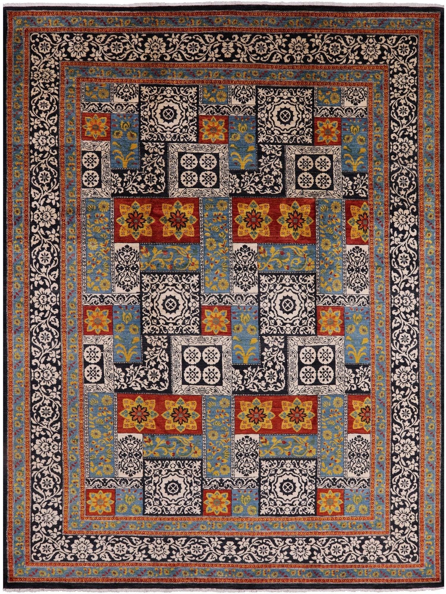 Black William Morris Handmade Wool Area Rug - 9' 2" X 12' 3" - Golden Nile