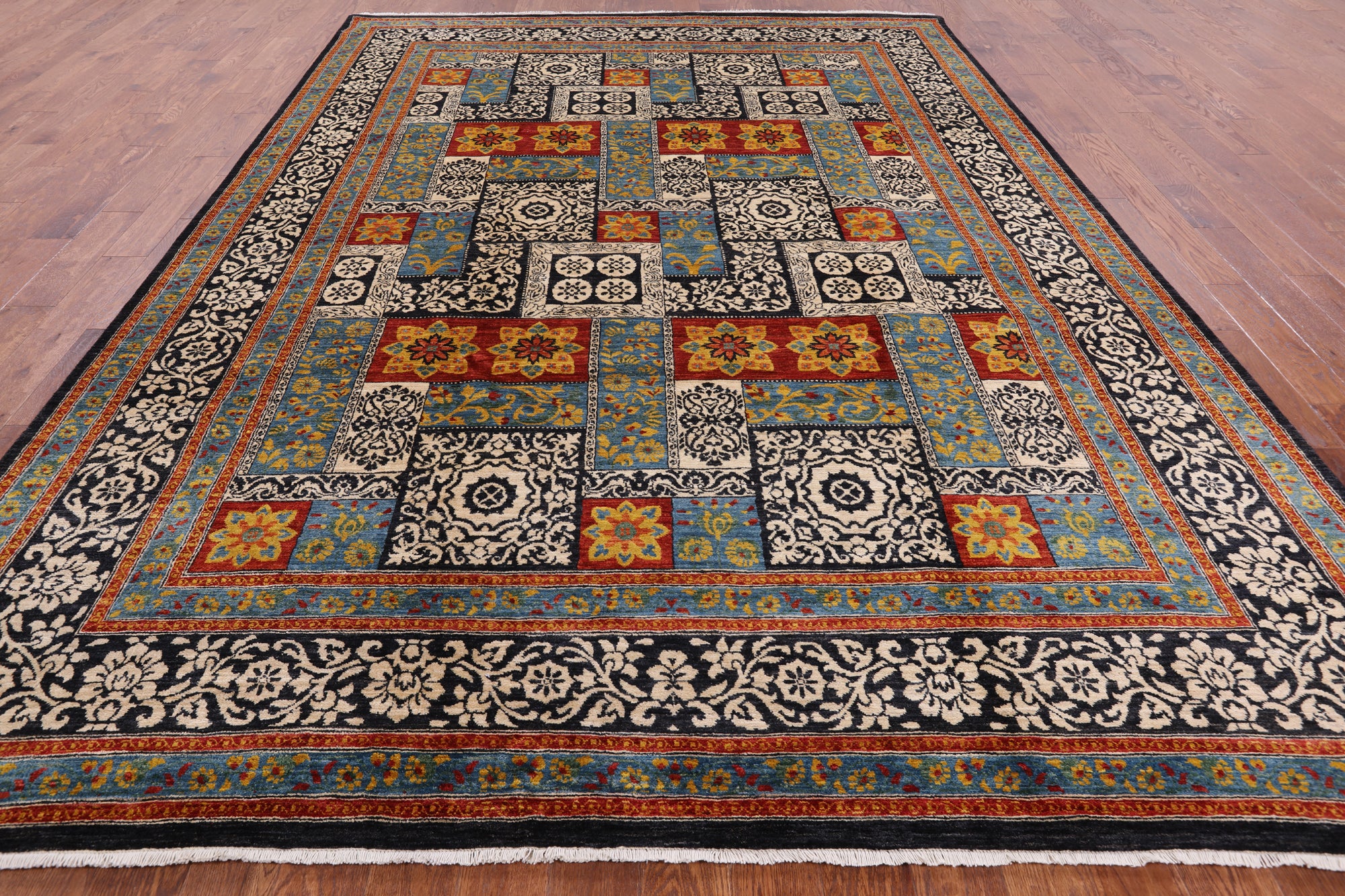 Black William Morris Handmade Wool Area Rug - 9' 2" X 12' 3" - Golden Nile