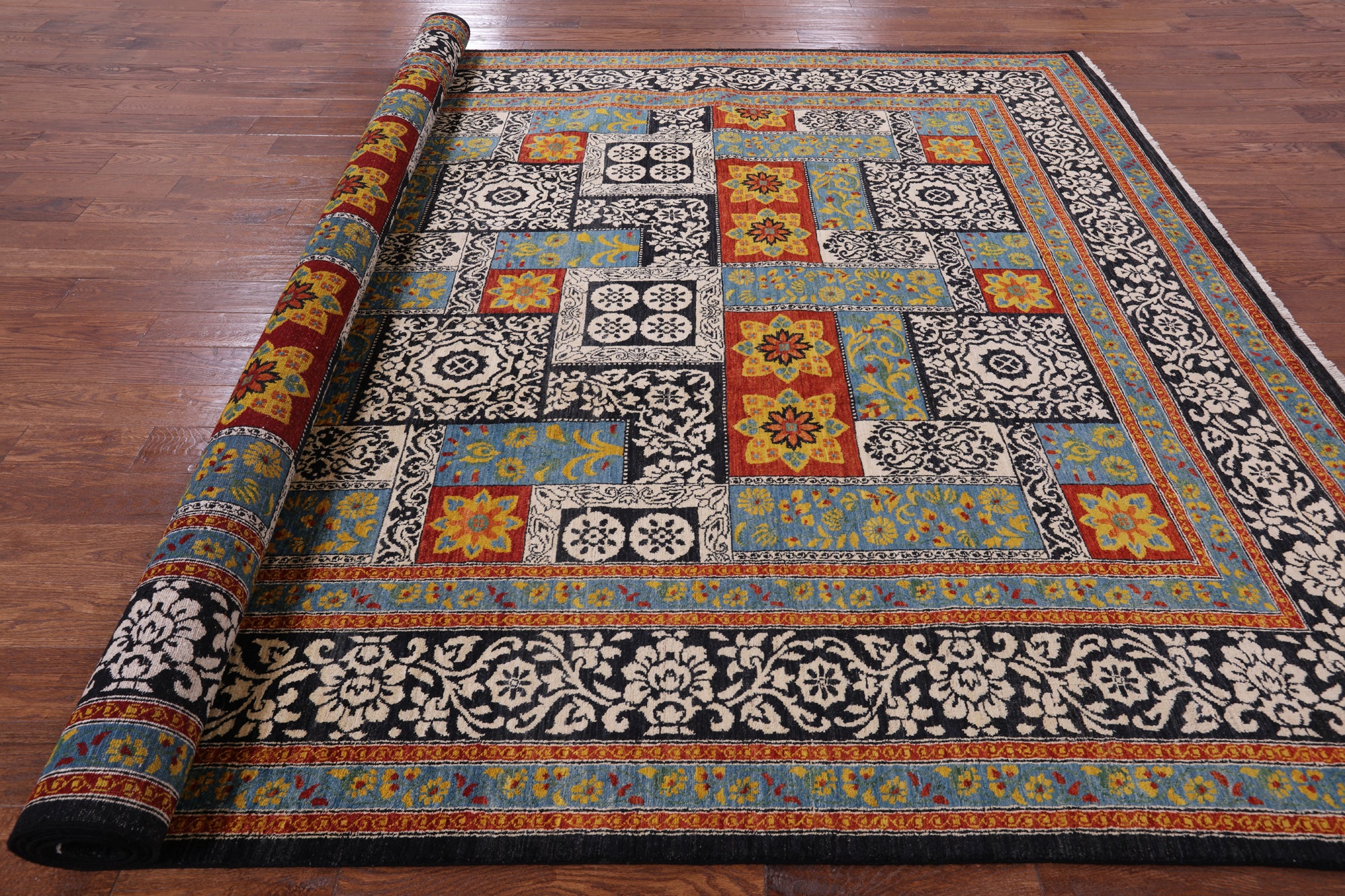 Black William Morris Handmade Wool Area Rug - 9' 2" X 12' 3" - Golden Nile