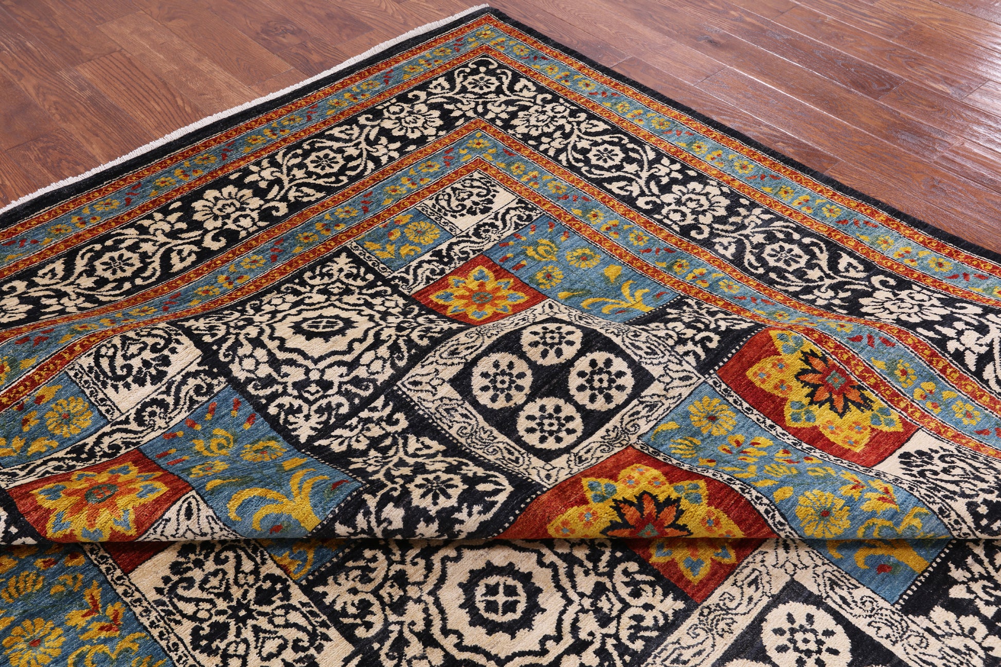 Black William Morris Handmade Wool Area Rug - 9' 2" X 12' 3" - Golden Nile