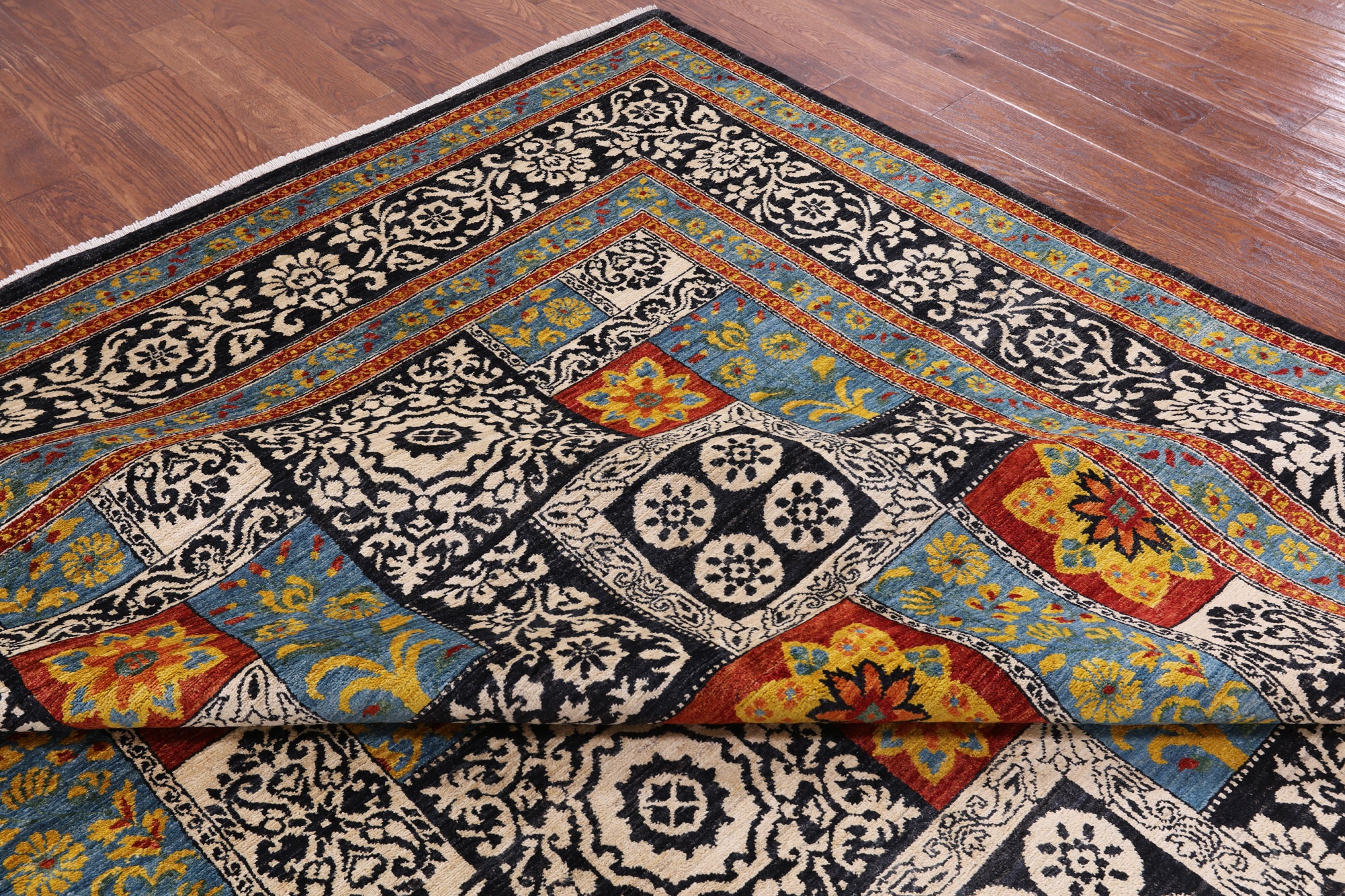 Black William Morris Handmade Wool Area Rug - 9' 2" X 12' 3" - Golden Nile