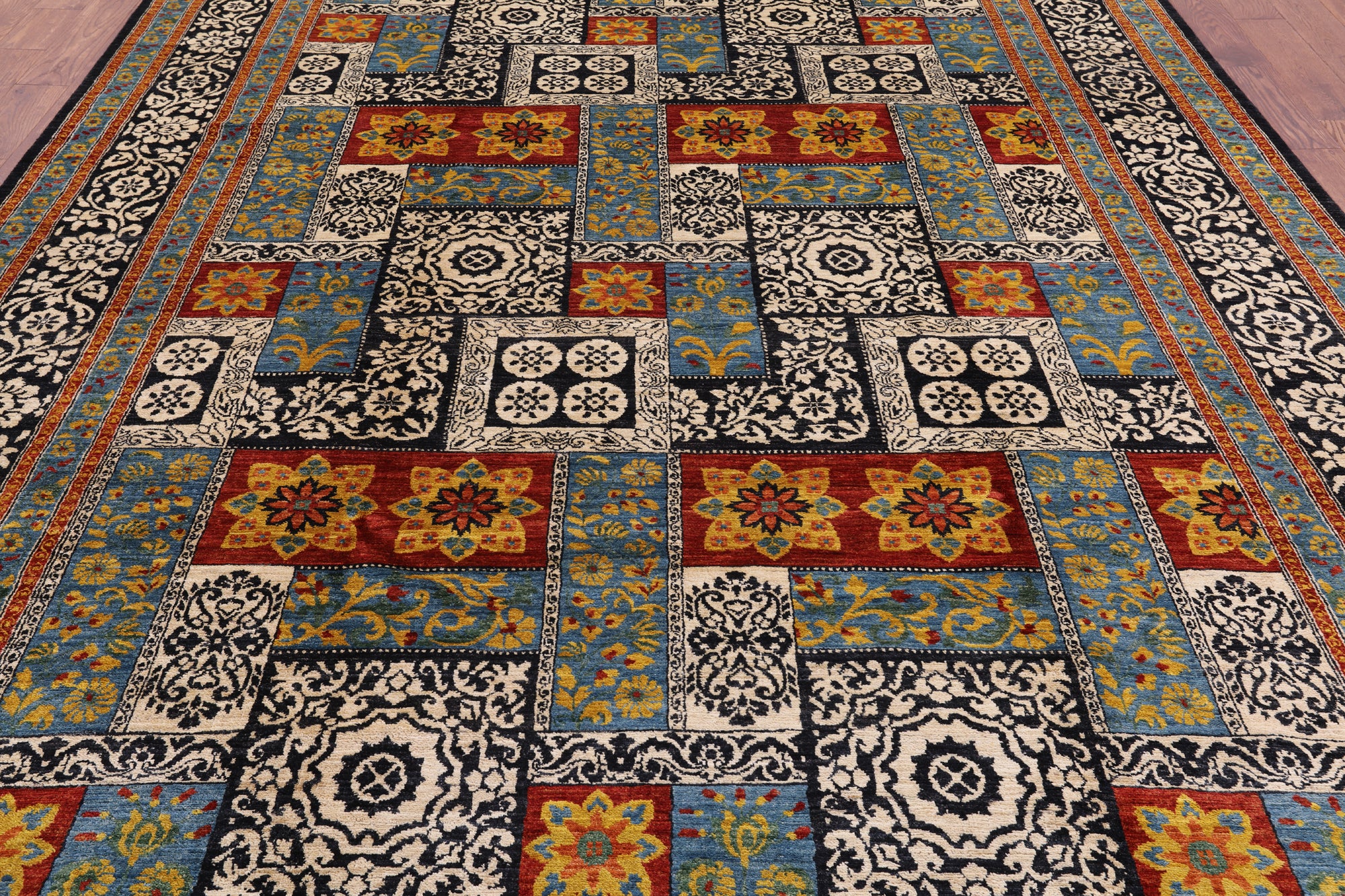 Black William Morris Handmade Wool Area Rug - 9' 2" X 12' 3" - Golden Nile