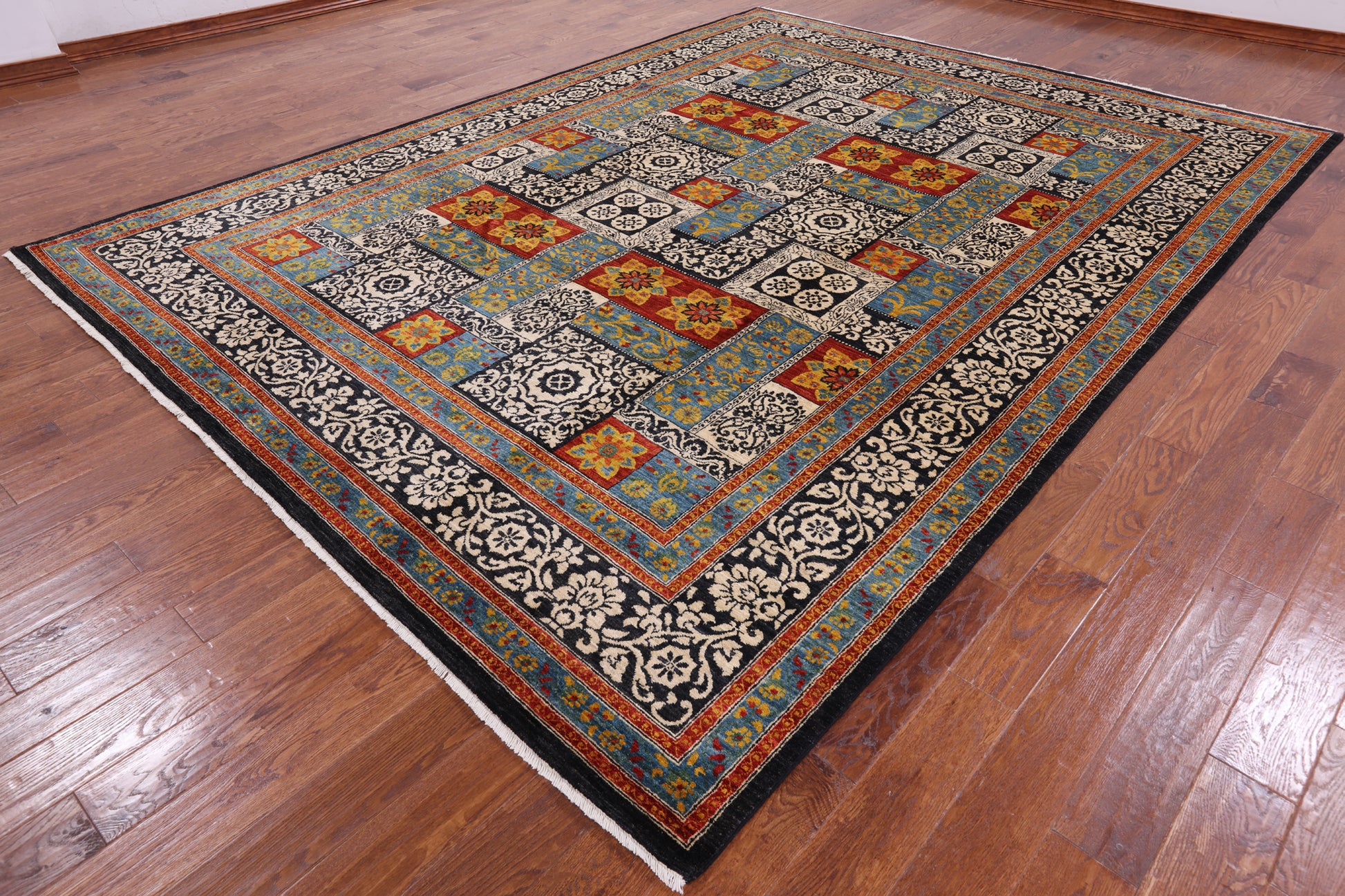 Black William Morris Handmade Wool Area Rug - 9' 2" X 12' 3" - Golden Nile