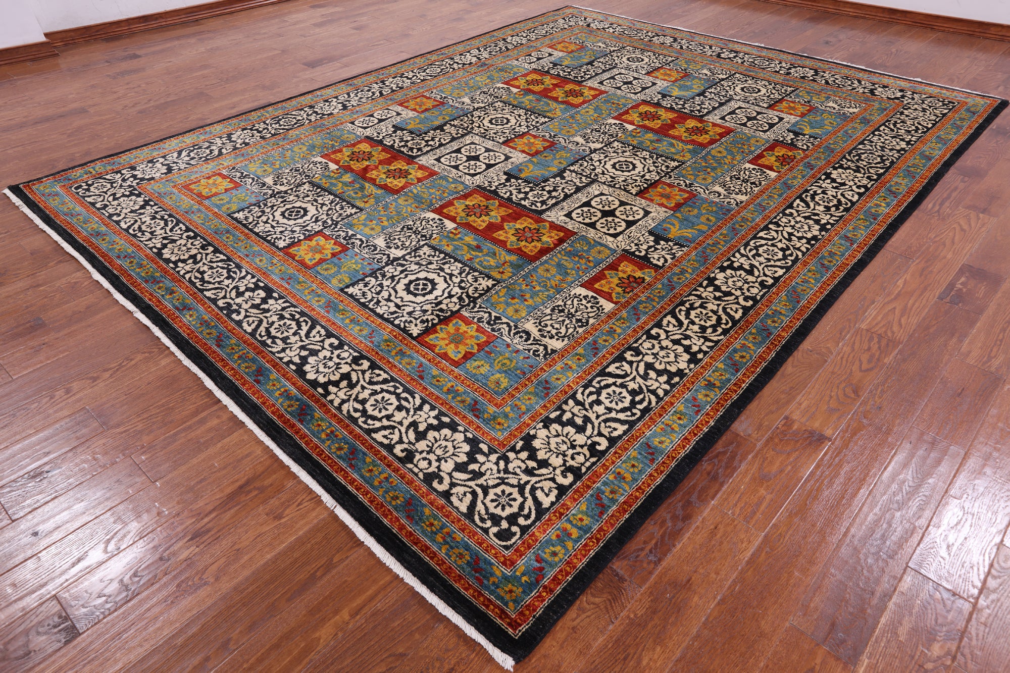 Black William Morris Handmade Wool Area Rug - 9' 2" X 12' 3" - Golden Nile