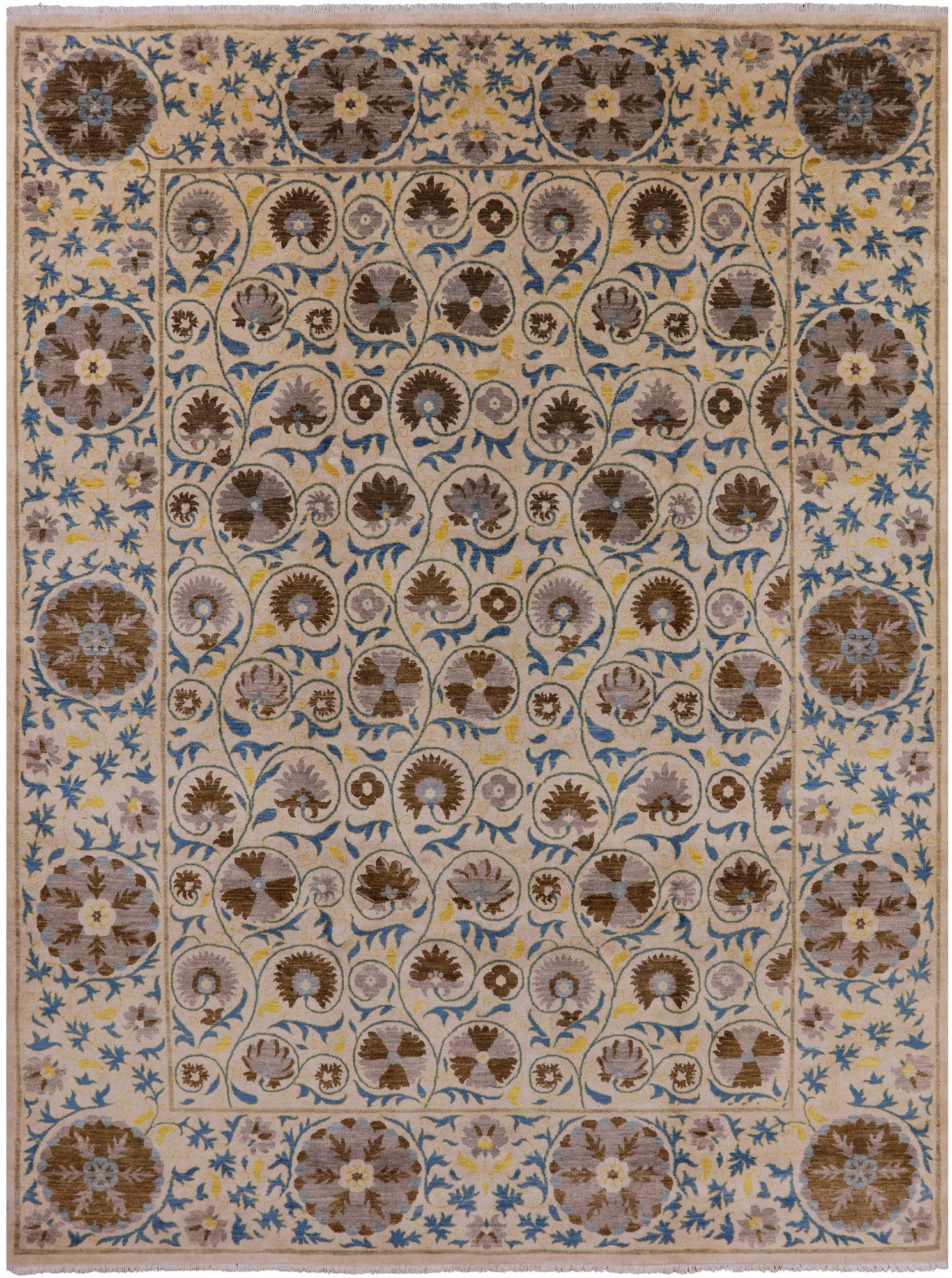Ivory William Morris Handmade Wool Rug - 9' 1" X 12' 1" - Golden Nile