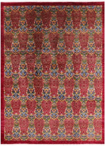Red William Morris Hand Knotted Wool Rug - 9' 0" X 12' 1" - Golden Nile