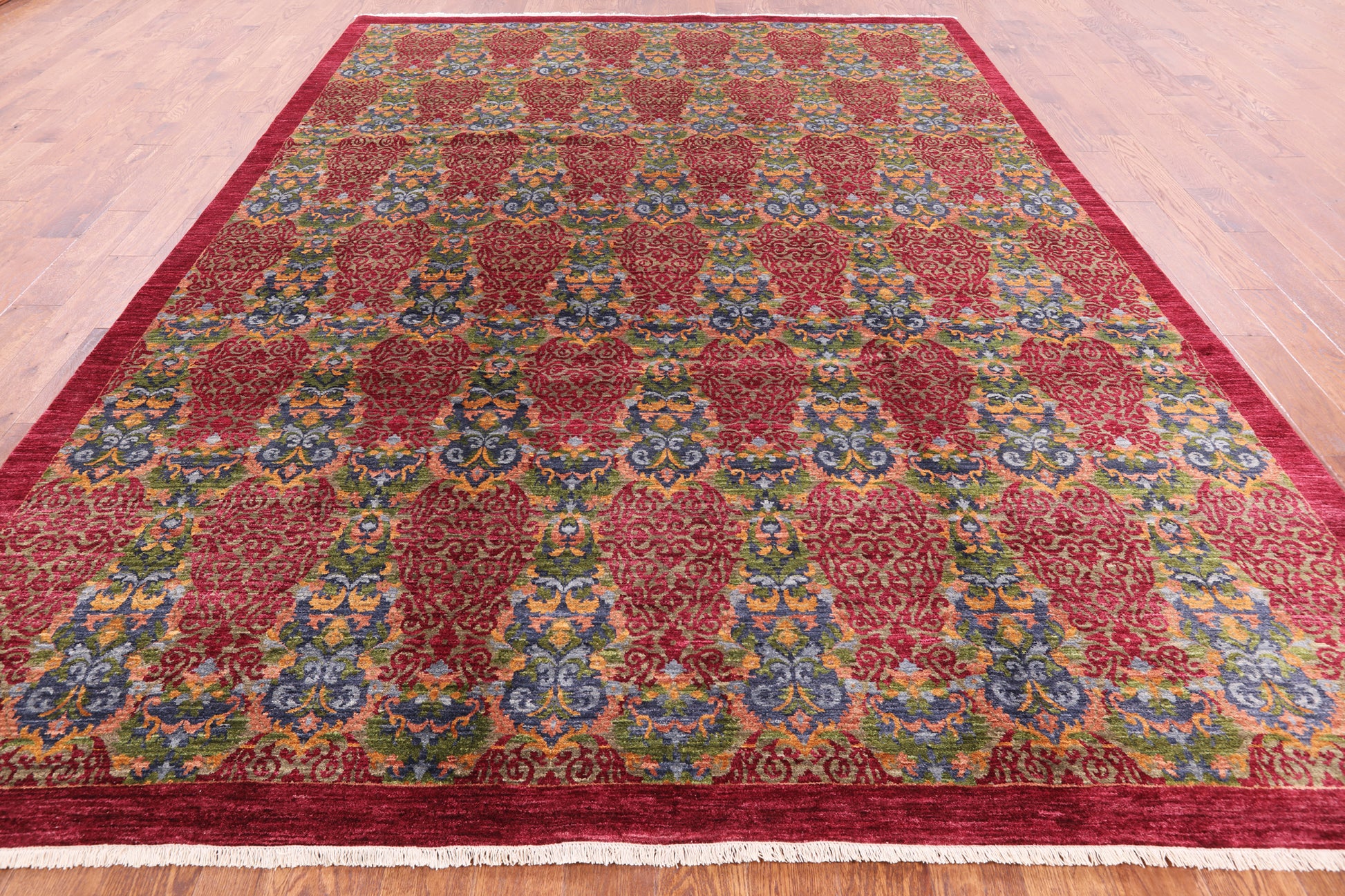 Red William Morris Hand Knotted Wool Rug - 9' 0" X 12' 1" - Golden Nile