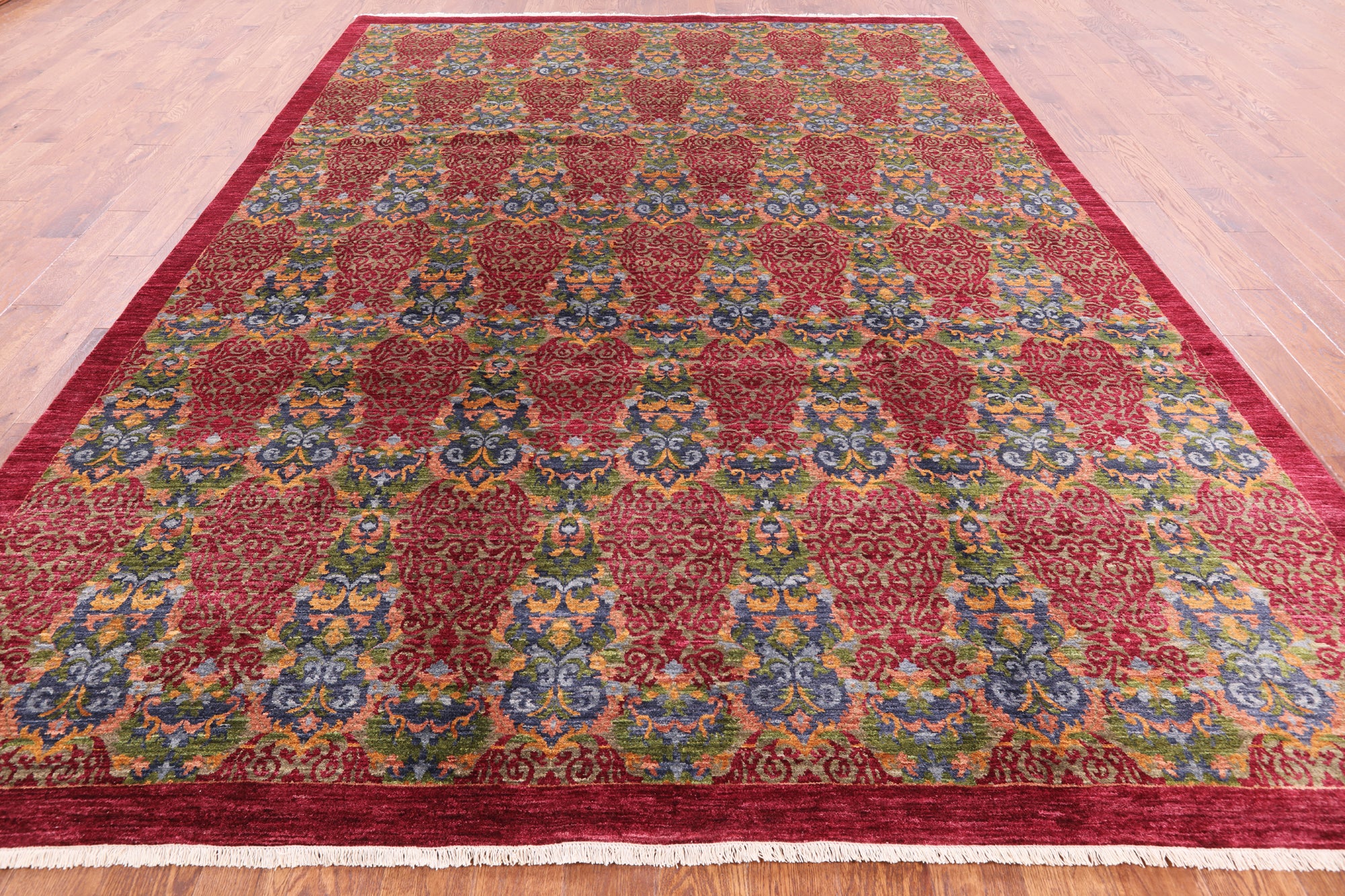 Red William Morris Hand Knotted Wool Rug - 9' 0" X 12' 1" - Golden Nile