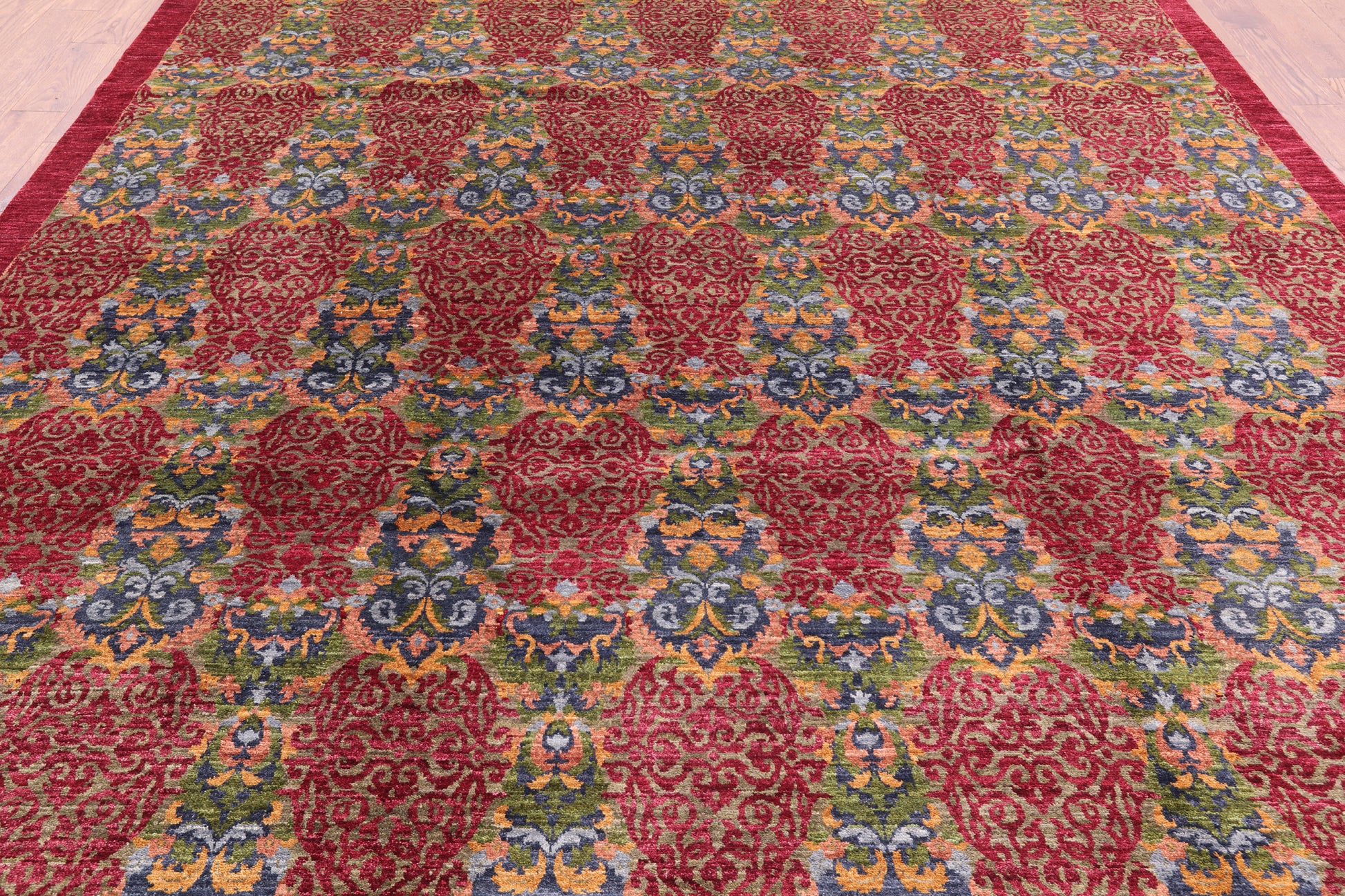 Red William Morris Hand Knotted Wool Rug - 9' 0" X 12' 1" - Golden Nile