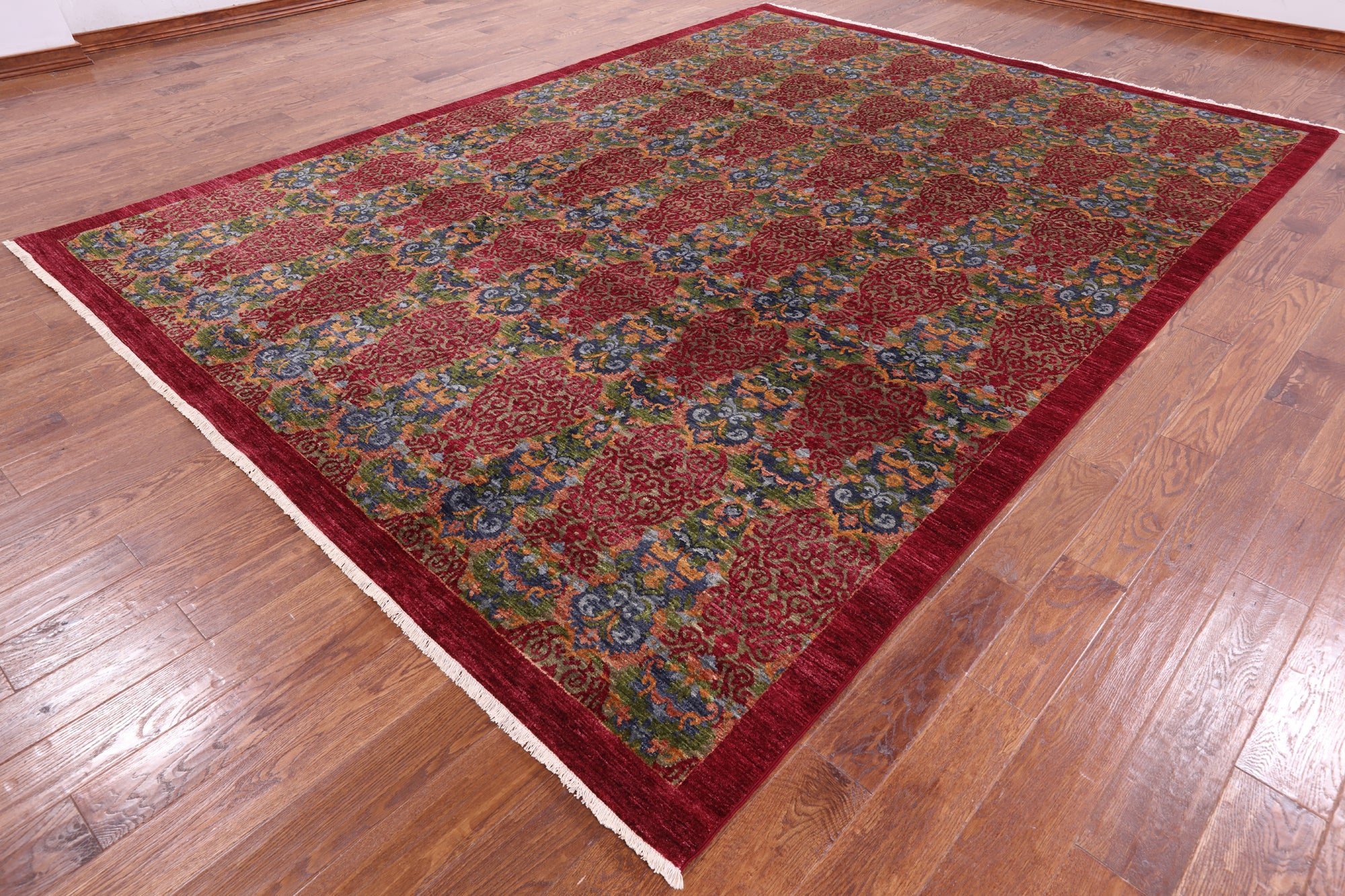 Red William Morris Hand Knotted Wool Rug - 9' 0" X 12' 1" - Golden Nile