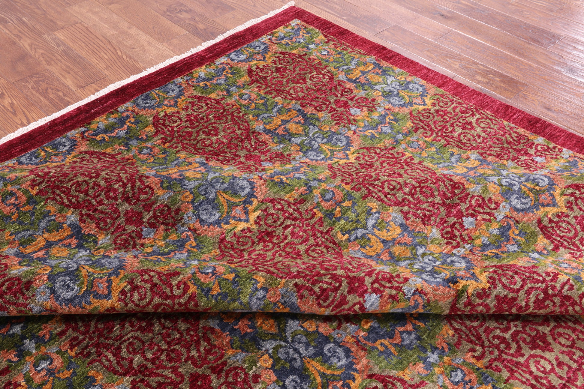 Red William Morris Hand Knotted Wool Rug - 9' 0" X 12' 1" - Golden Nile