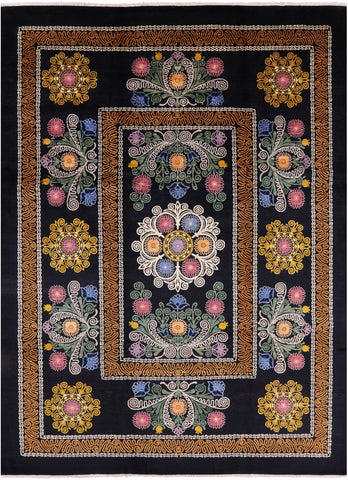 Black William Morris Hand-Knotted Wool Rug - 9' 0