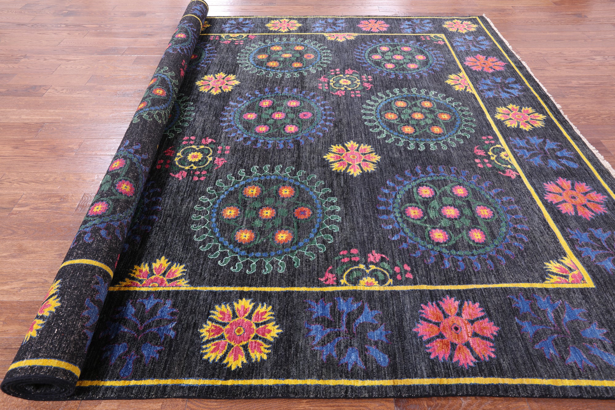 Black William Morris Hand Knotted Wool Rug - 9' 0" X 11' 9" - Golden Nile