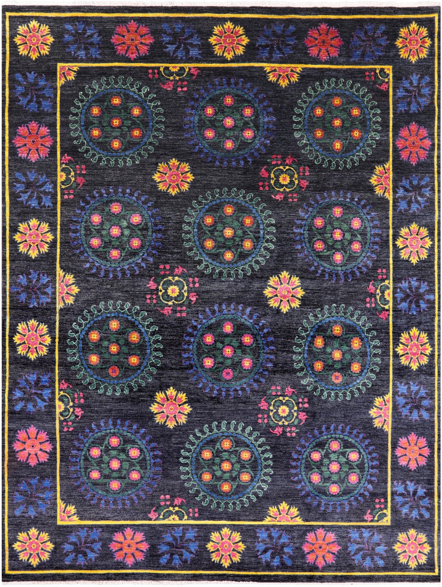 Black William Morris Hand Knotted Wool Rug - 9' 0" X 11' 9" - Golden Nile