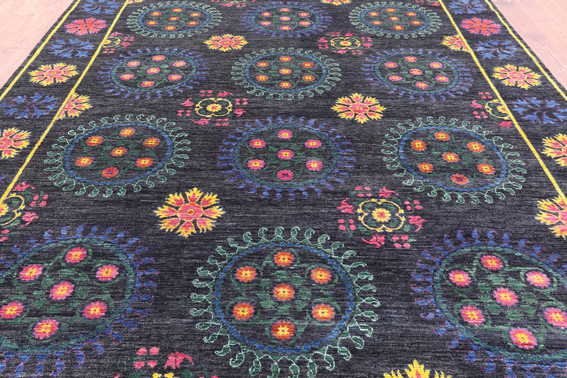 Black William Morris Hand Knotted Wool Rug - 9' 0" X 11' 9" - Golden Nile
