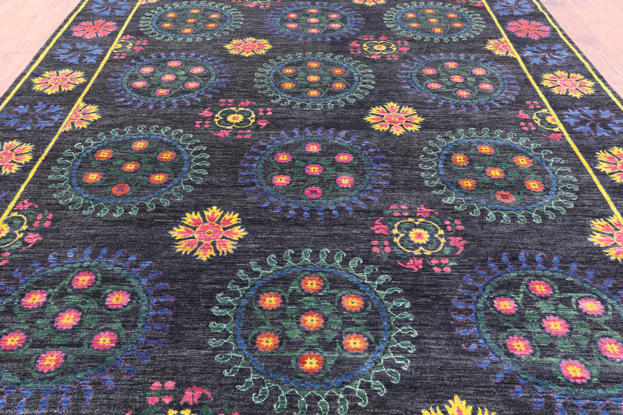 Black William Morris Hand Knotted Wool Rug - 9' 0" X 11' 9" - Golden Nile