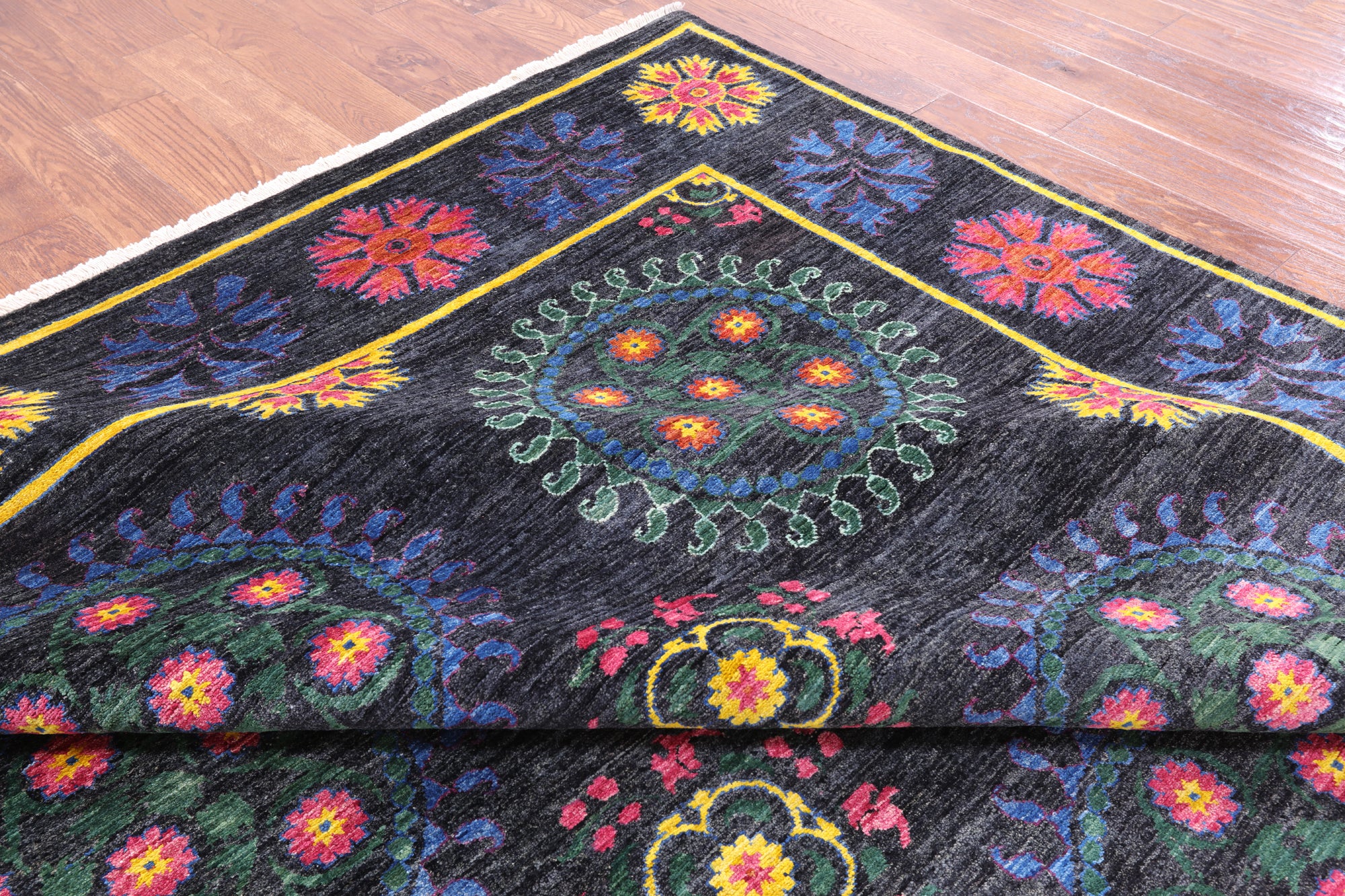 Black William Morris Hand Knotted Wool Rug - 9' 0" X 11' 9" - Golden Nile