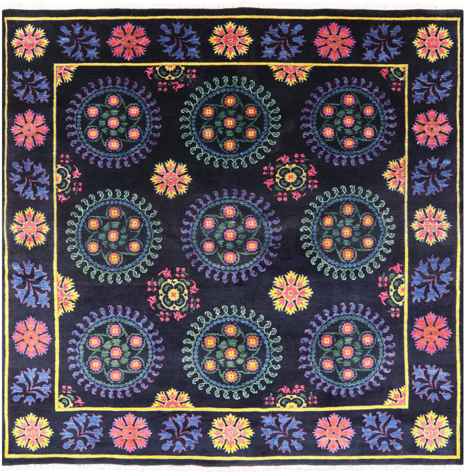 Black Square William Morris Hand Knotted Wool Rug - 8' 8" X 8' 11" - Golden Nile