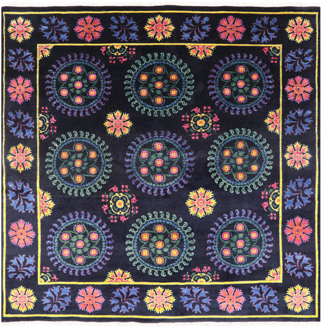 Black Square William Morris Hand Knotted Wool Rug - 8' 8