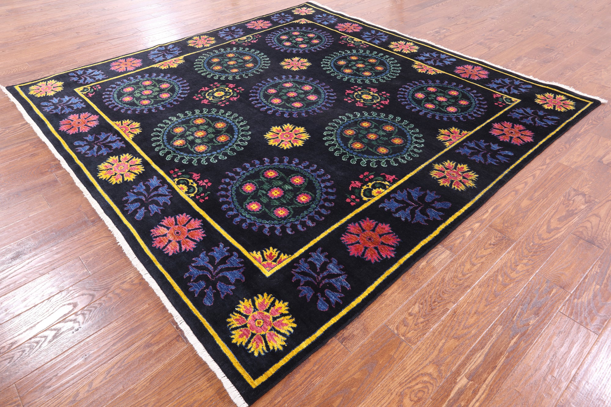 Black Square William Morris Hand Knotted Wool Rug - 8' 8" X 8' 11" - Golden Nile