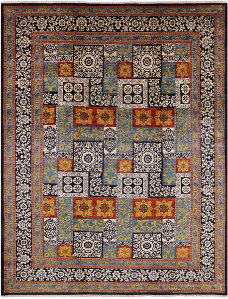 Black William Morris Handmade Wool Area Rug - 9' 2" X 12' 1" - Golden Nile