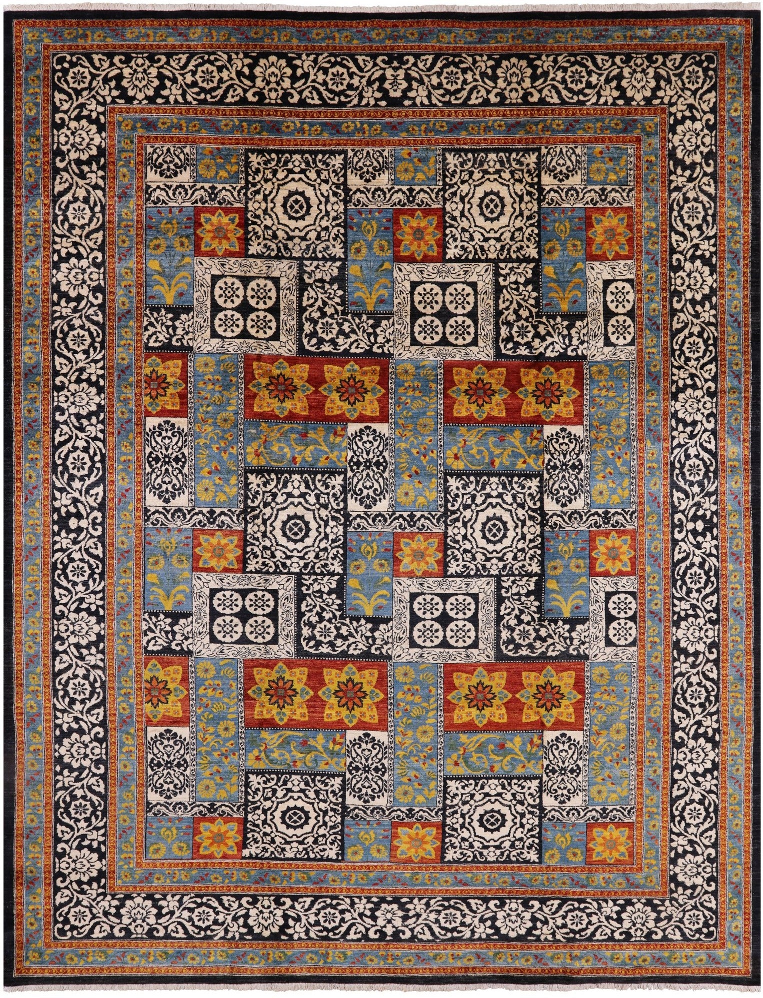 Black William Morris Handmade Wool Area Rug - 9' 2" X 12' 1" - Golden Nile