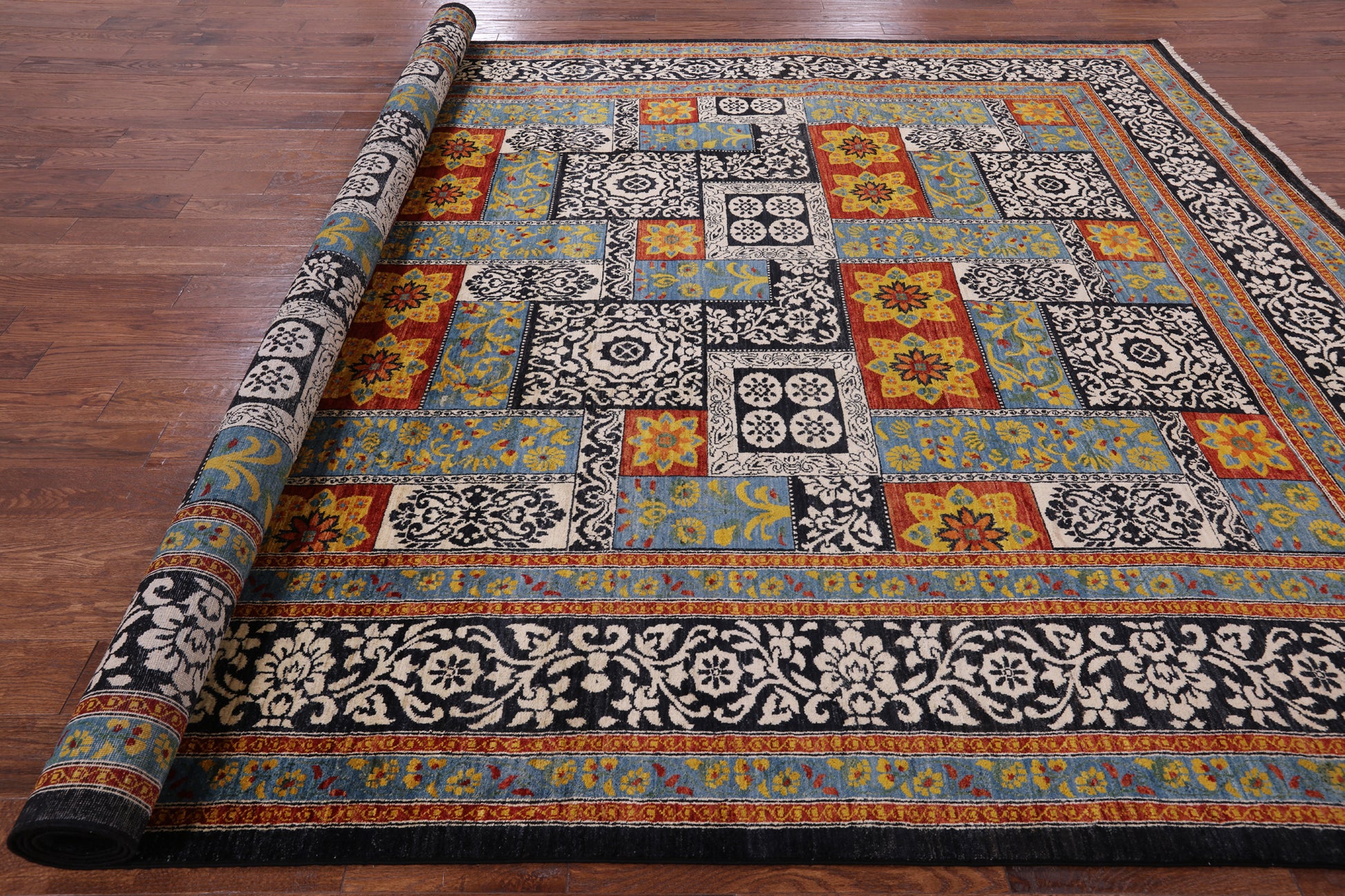 Black William Morris Handmade Wool Area Rug - 9' 2" X 12' 1" - Golden Nile