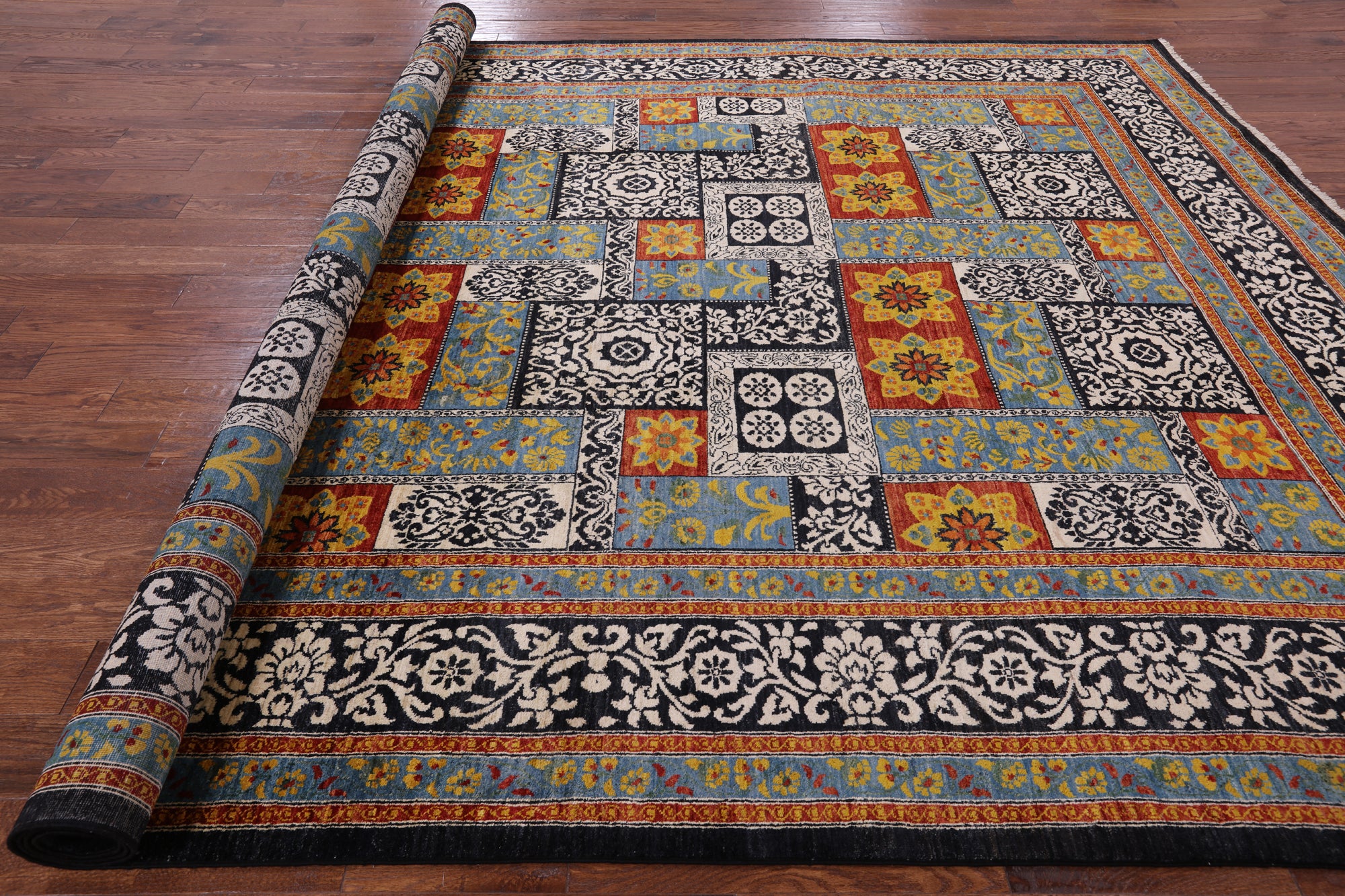 Black William Morris Handmade Wool Area Rug - 9' 2" X 12' 1" - Golden Nile