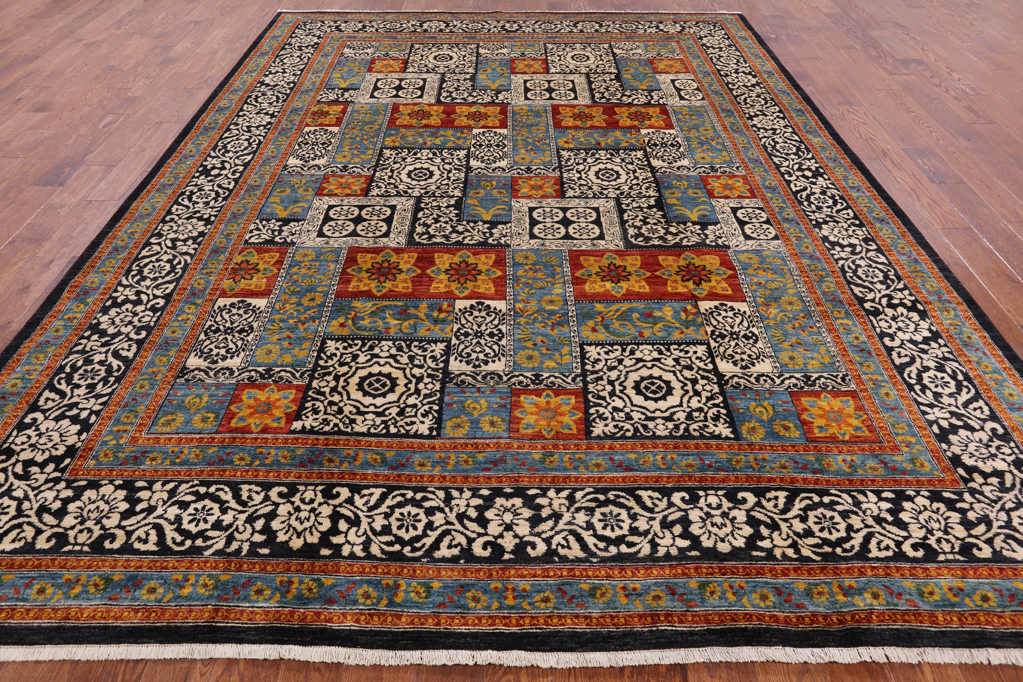 Black William Morris Handmade Wool Area Rug - 9' 2" X 12' 1" - Golden Nile