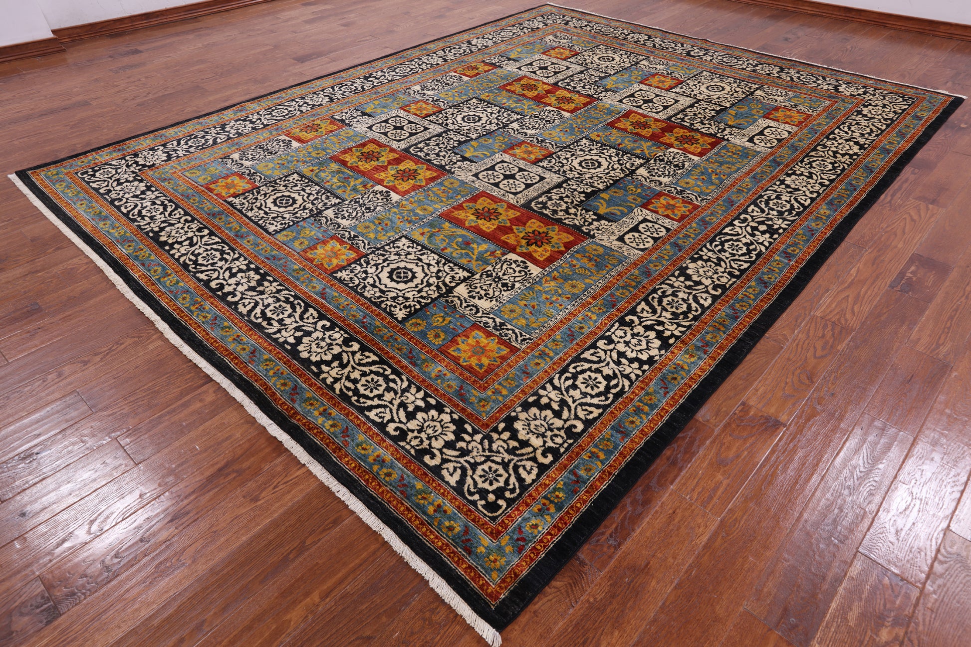 Black William Morris Handmade Wool Area Rug - 9' 2" X 12' 1" - Golden Nile
