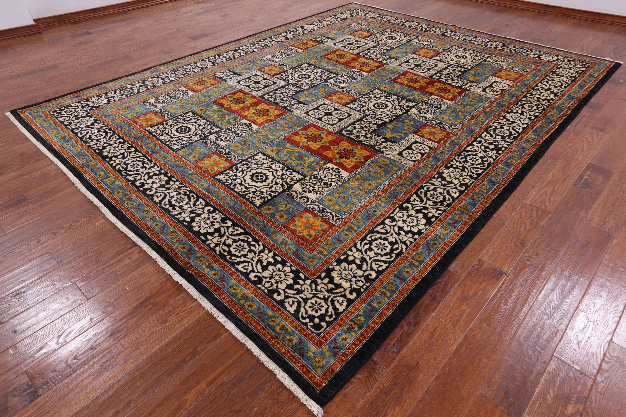 Black William Morris Handmade Wool Area Rug - 9' 2" X 12' 1" - Golden Nile