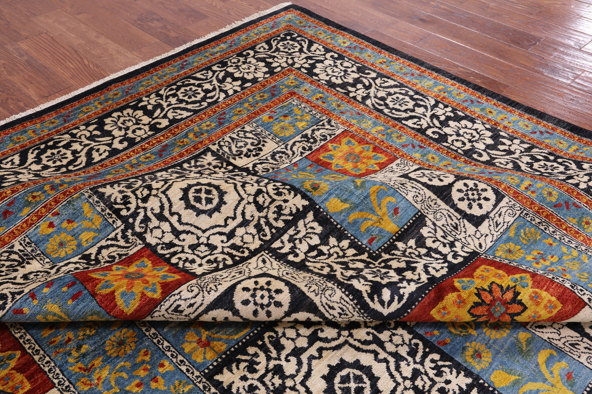 Black William Morris Handmade Wool Area Rug - 9' 2" X 12' 1" - Golden Nile
