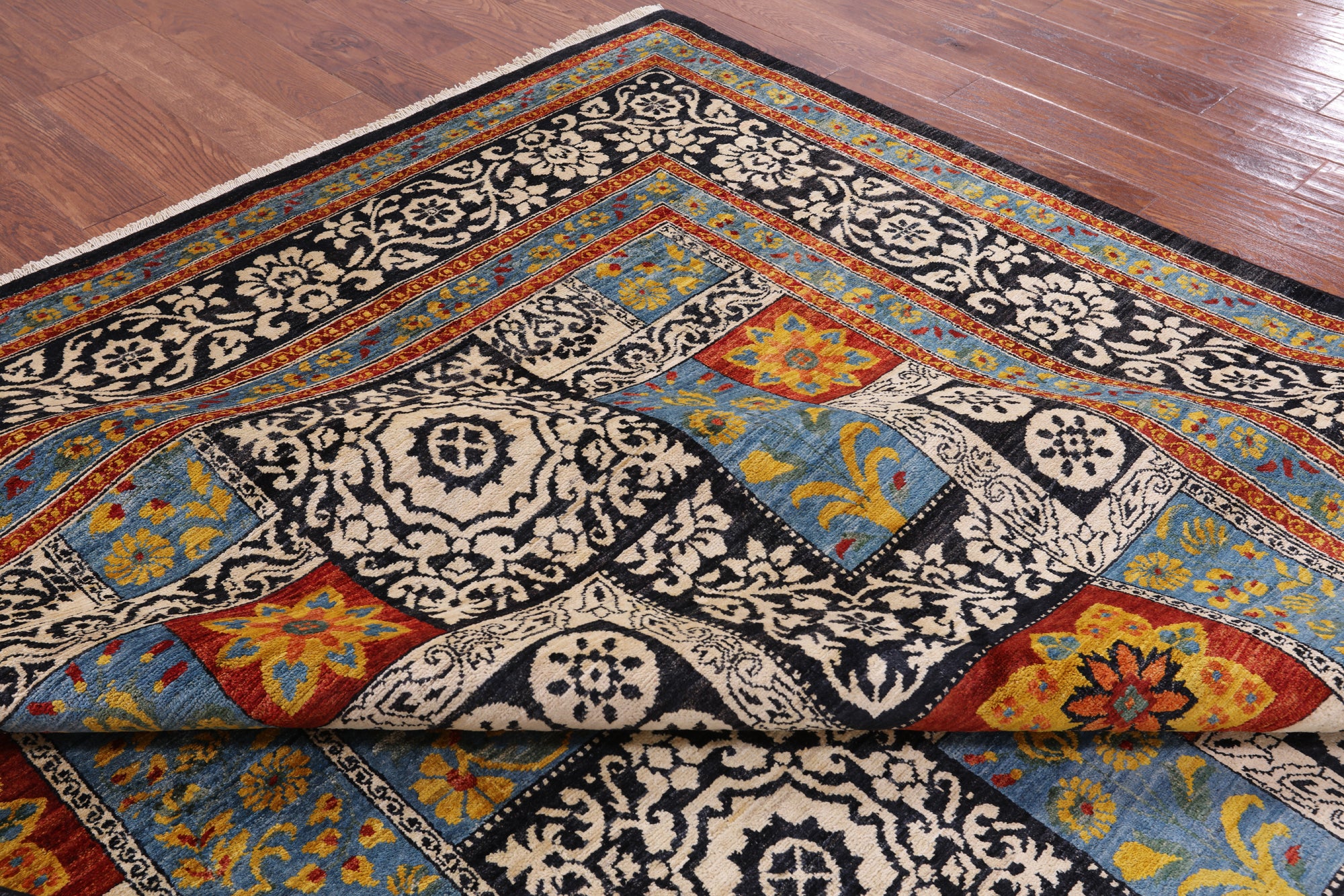 Black William Morris Handmade Wool Area Rug - 9' 2" X 12' 1" - Golden Nile