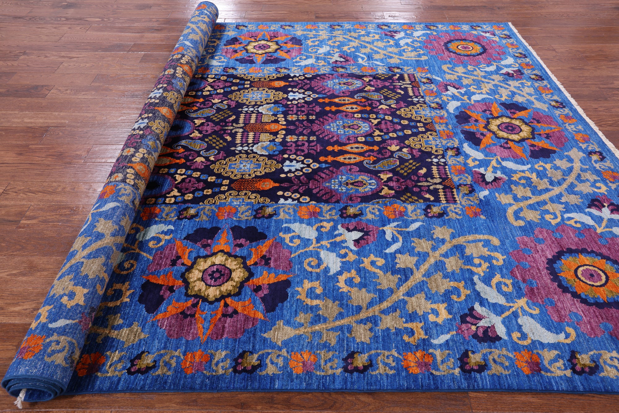 Blue William Morris Handmade Wool Rug - 8' 2" X 10' 2" - Golden Nile