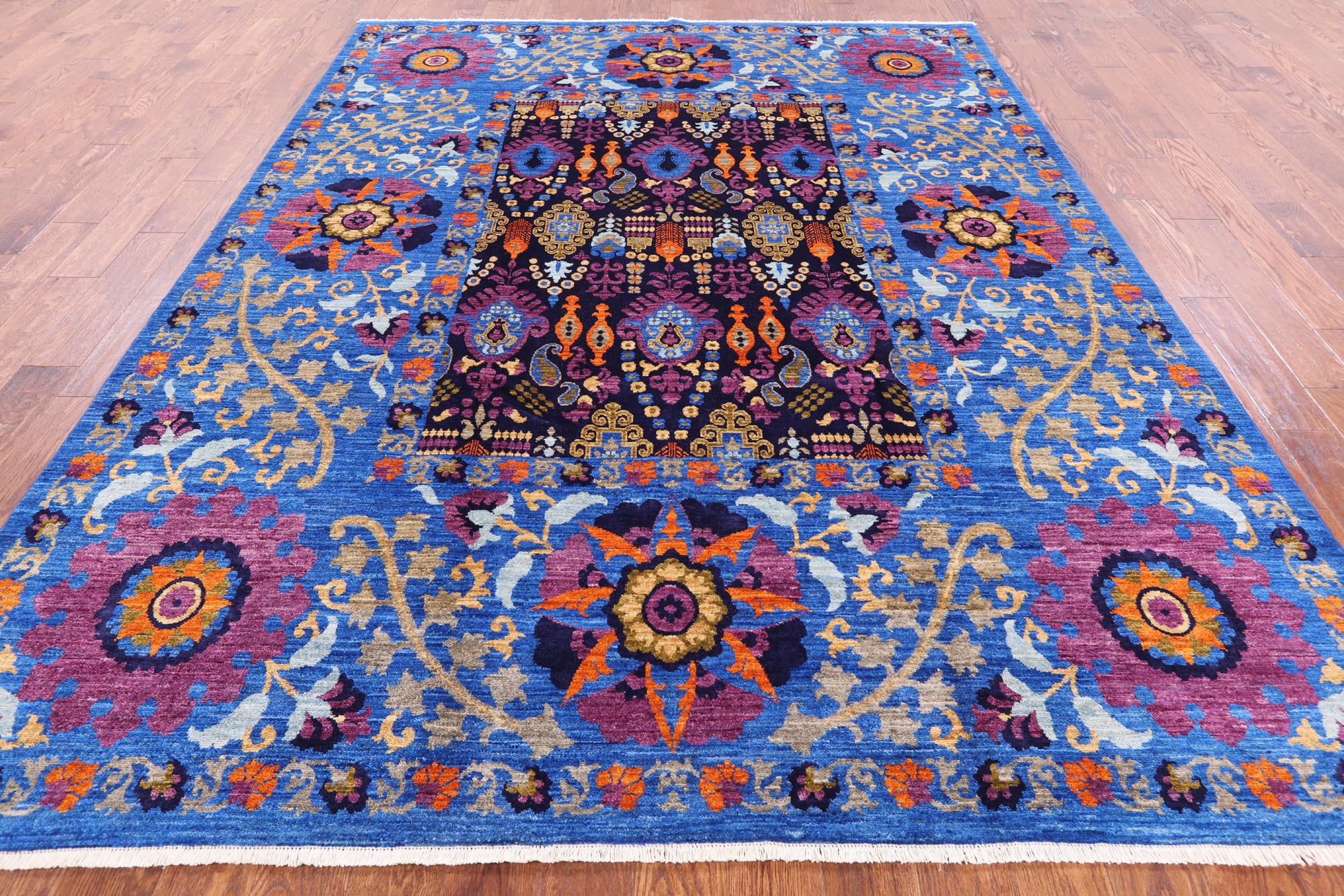 Blue William Morris Handmade Wool Rug - 8' 2" X 10' 2" - Golden Nile