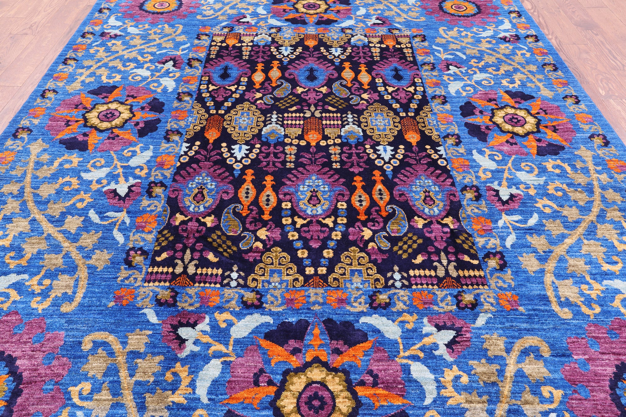 Blue William Morris Handmade Wool Rug - 8' 2" X 10' 2" - Golden Nile